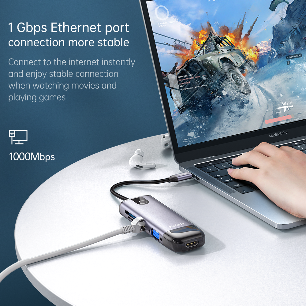 Mcdodo 10 in 1 HUB  HDMI; USB-A 2.0*2; USB-A 3.0*2; VGA USB-C(PD 100W); Gigabit LAN; SD/TF Card Slot