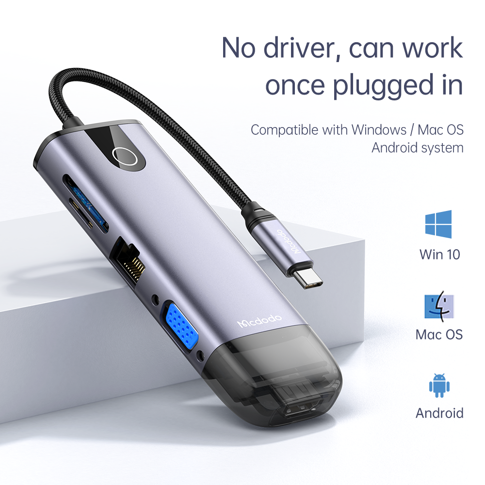Mcdodo 10 in 1 HUB  HDMI; USB-A 2.0*2; USB-A 3.0*2; VGA USB-C(PD 100W); Gigabit LAN; SD/TF Card Slot