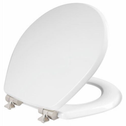Bemis 26NISLA 000 White Round Slow Close Wood Toilet Seat With Brushed Nickel Hinges