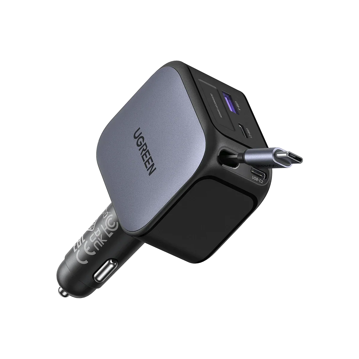 UGREEN 145W Cargador Coche Retráctil Carga Rápida 4 Puertas con Cable Retractil