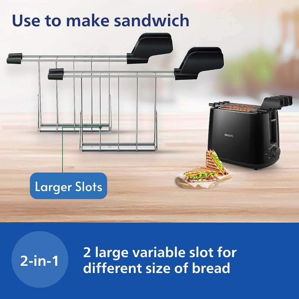 Philips 600 Watts 2-Slice Toaster with Integrated Bun Rack Black - HD2583/90