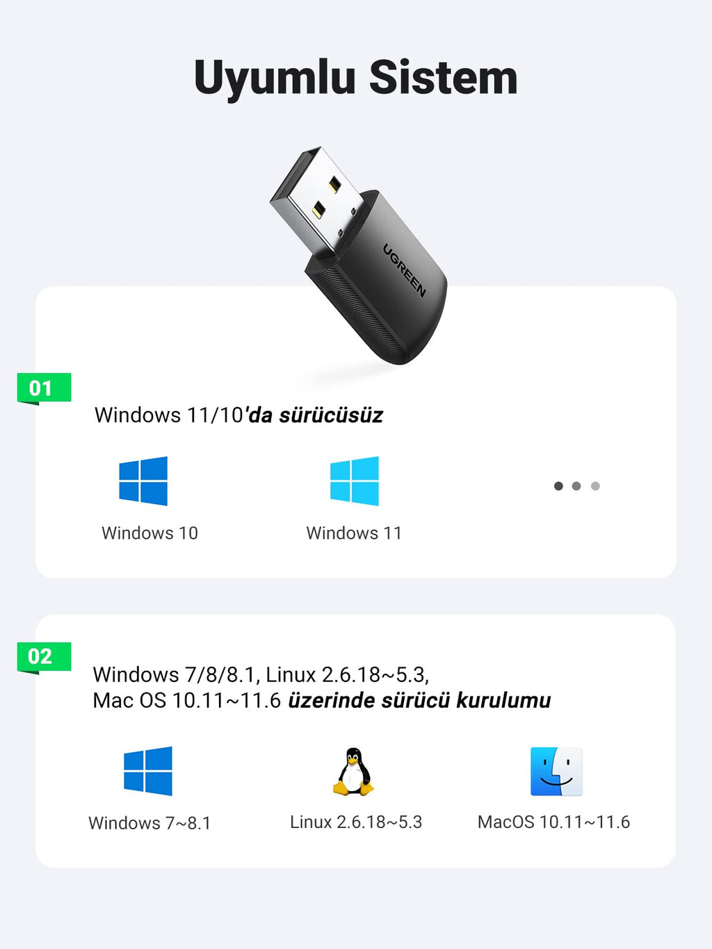 UGREEN 2.4GHz ve 5GHz Çift Bant USB Wi-Fi Adaptörü