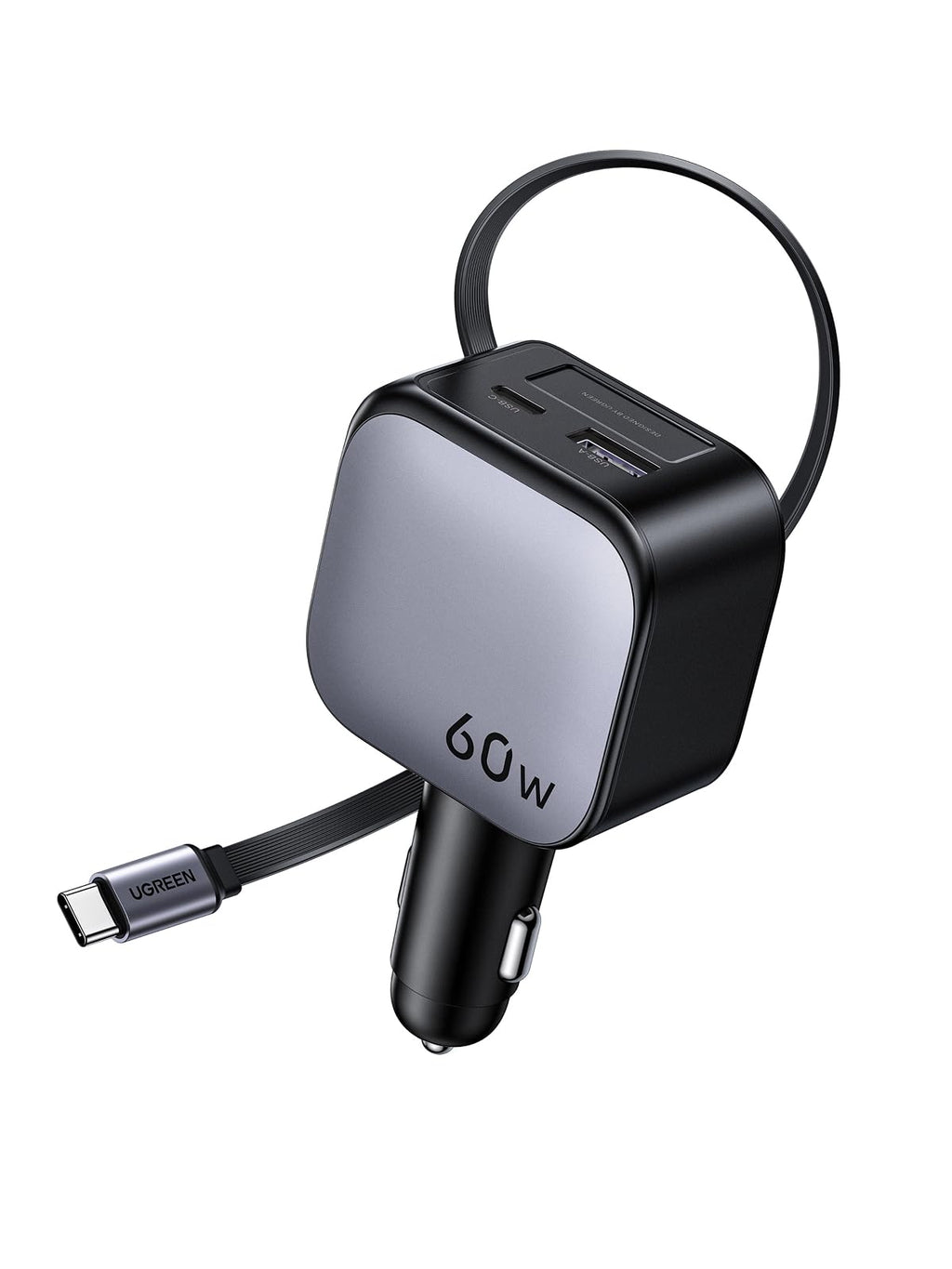 UGREEN 60W Cargador Coche Retráctil Carga Rápida con Cable Retractil