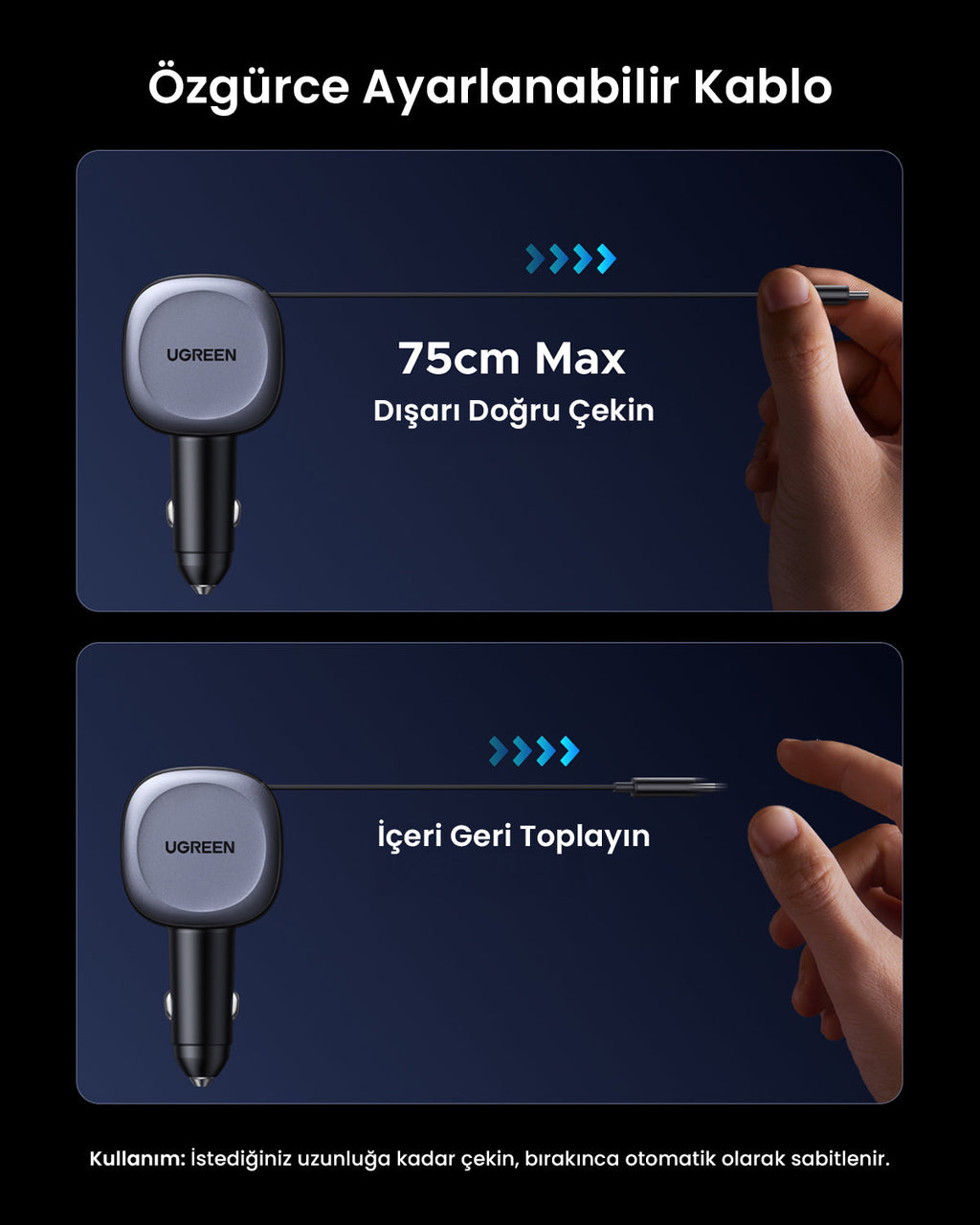 UGREEN 75W 2 Port Geri Çekilebilir Kablolu Araç Şarj Cihazı