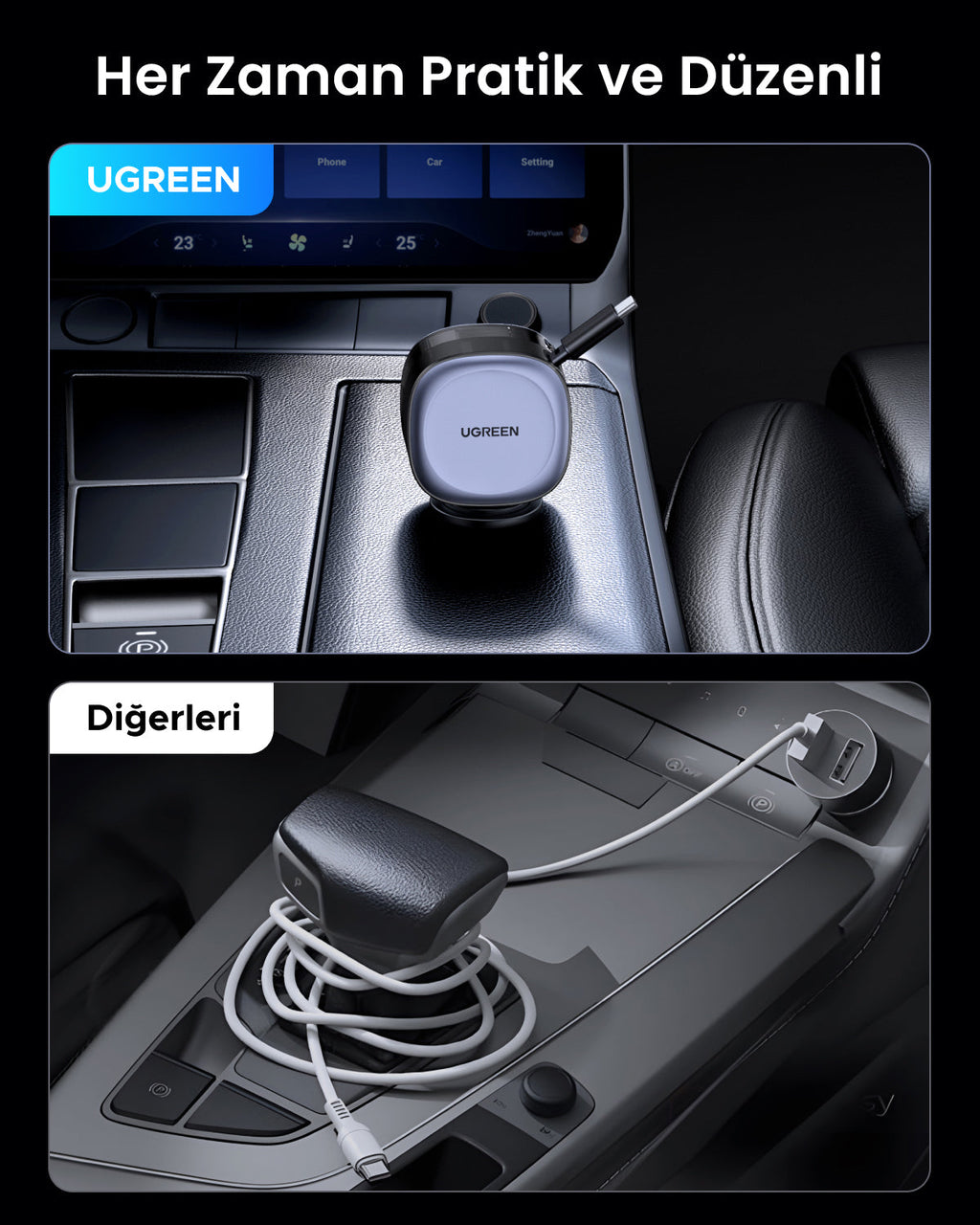 UGREEN 75W 2 Port Geri Çekilebilir Kablolu Araç Şarj Cihazı