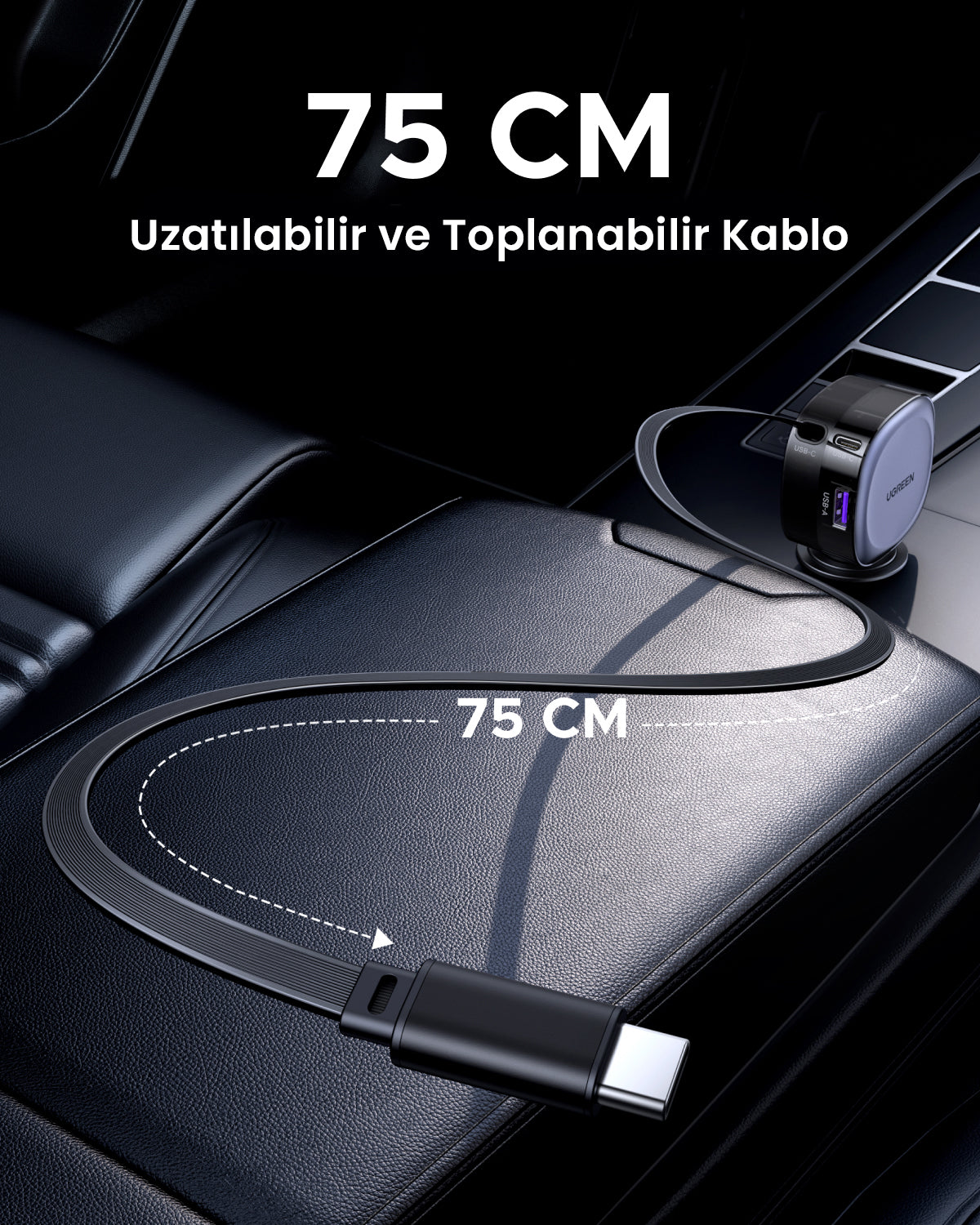 UGREEN 75W 2 Port Geri Çekilebilir Kablolu Araç Şarj Cihazı