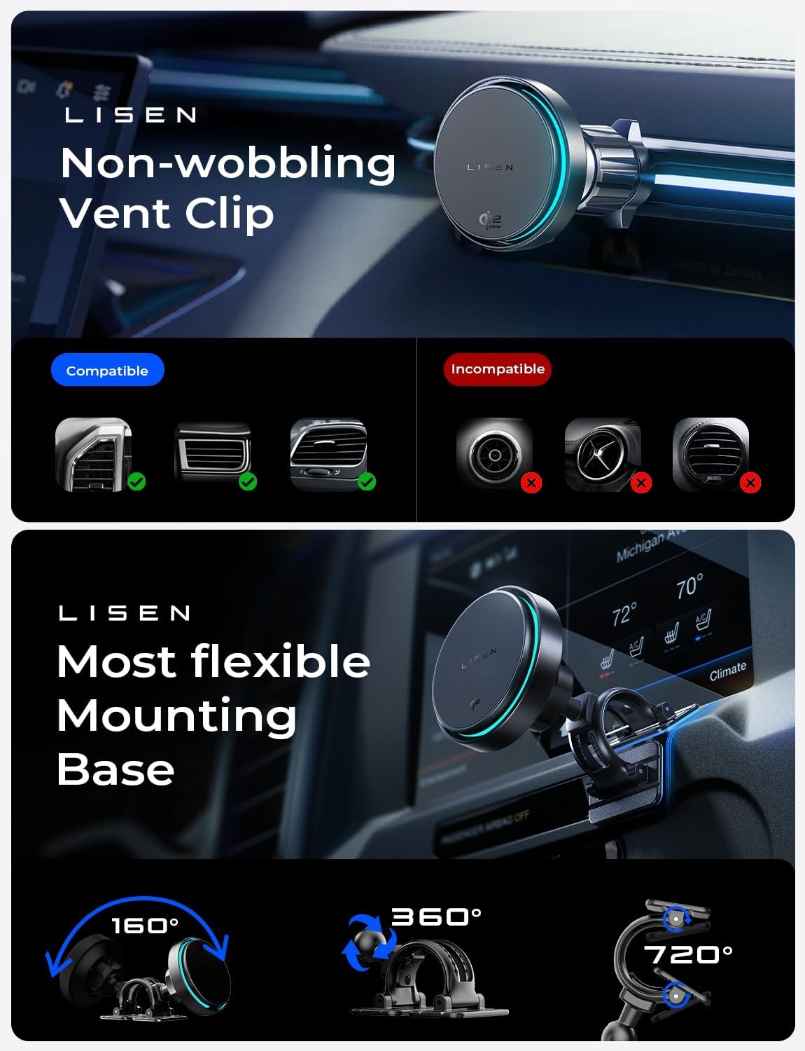 LISEN Qi2.2 25W MagSafe Car Mount Charger with Cooling Fan