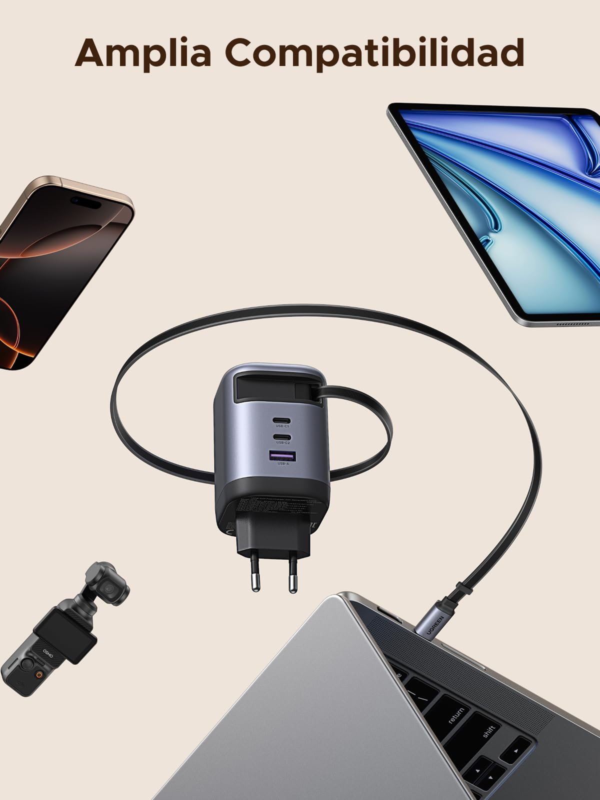 UGREEN Nexode Cargador USB C GaN con Cable Retráctil 100W