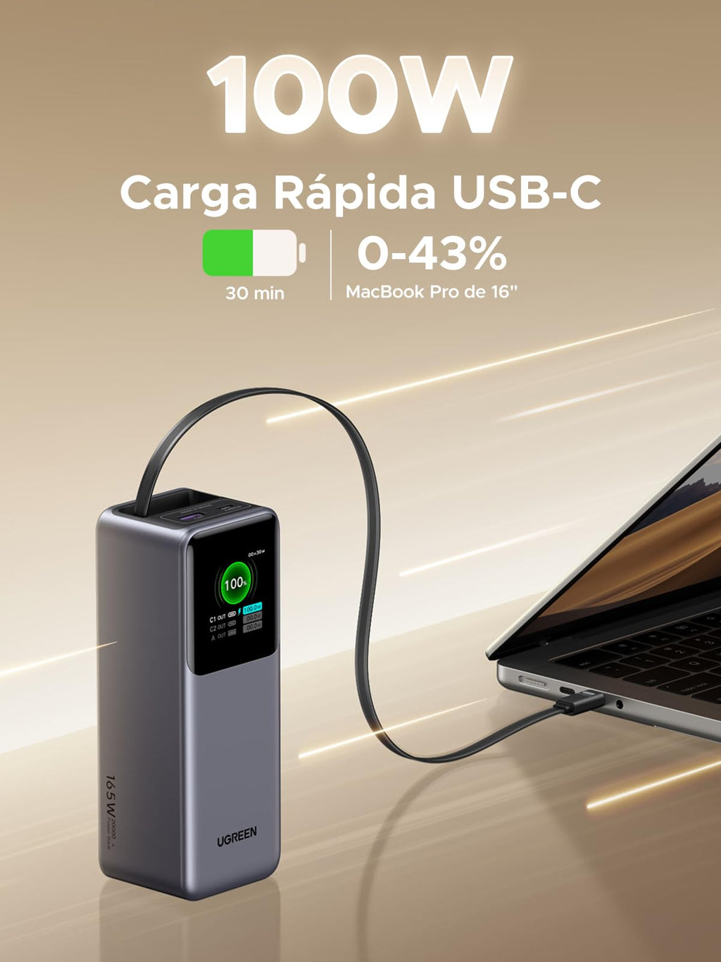UGREEN Nexode 20000mAh Banco de Energía con Cable Retráctil, Power Bank Portátil de 165W 