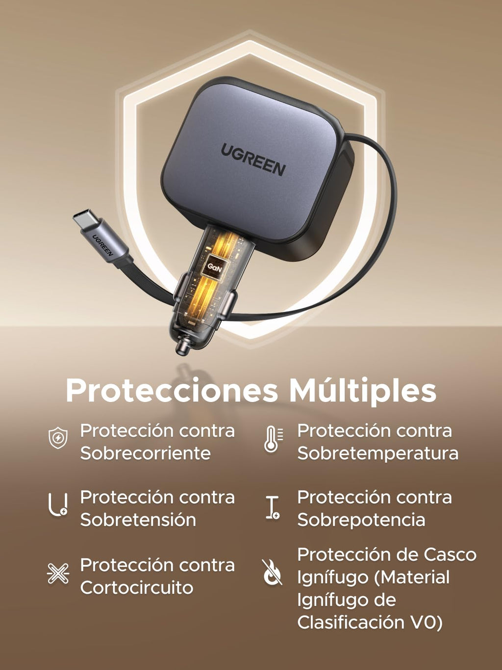 UGREEN 145W Cargador Coche Retráctil Carga Rápida 4 Puertas con Cable Retractil
