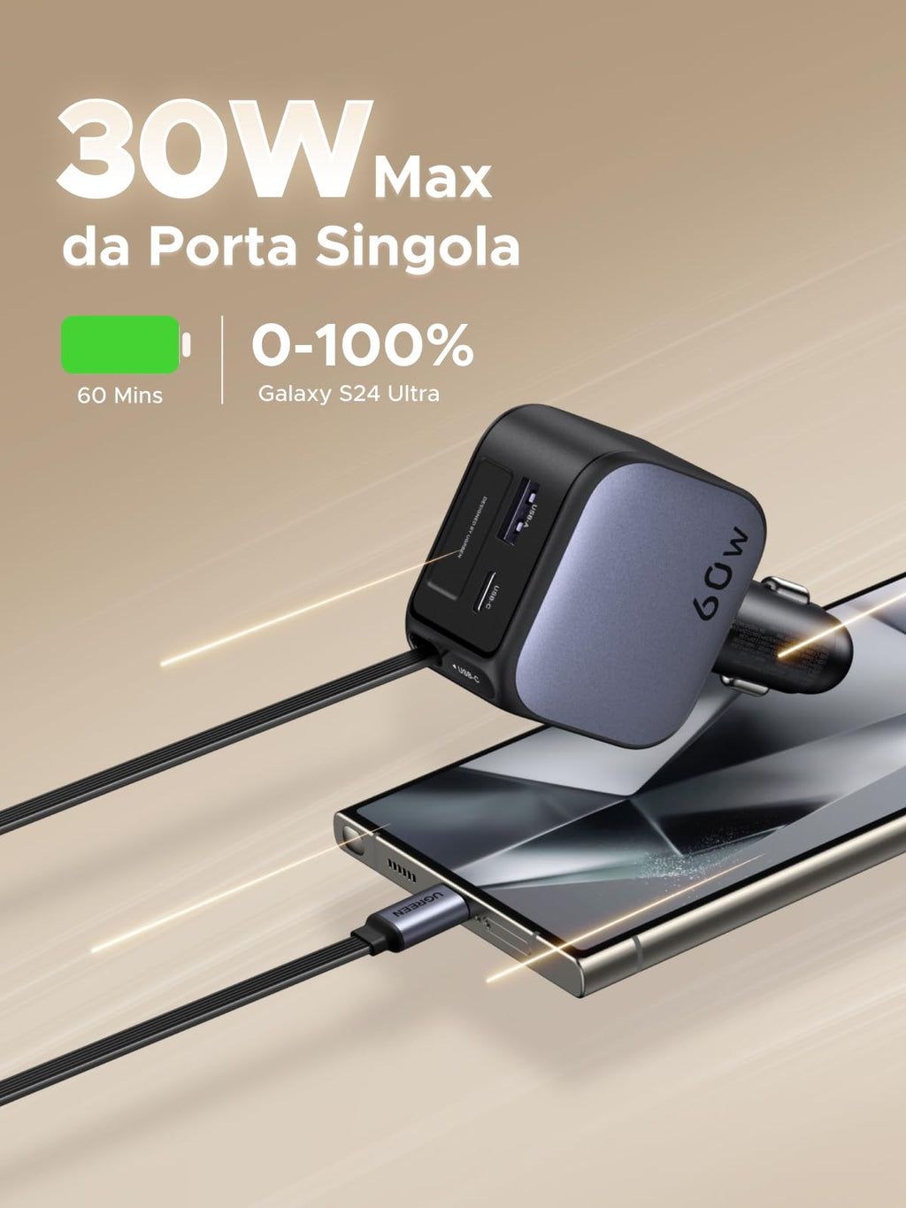 UGREEN 60W Retrattile Caricatore Auto, Caricabatteria Accendisigari USB C 3 Porta Ricarica Rapida