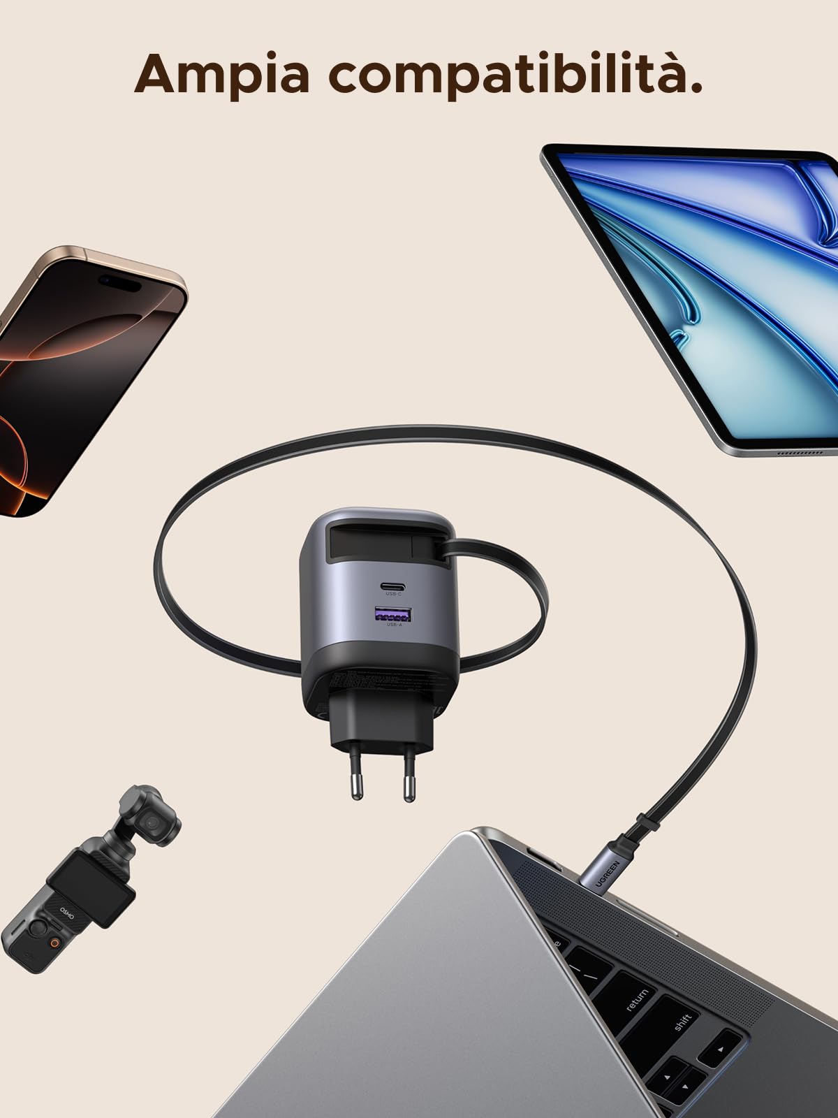 UGREEN Nexode Caricatore Retrattile USB C 65W GaN a 3 porte
