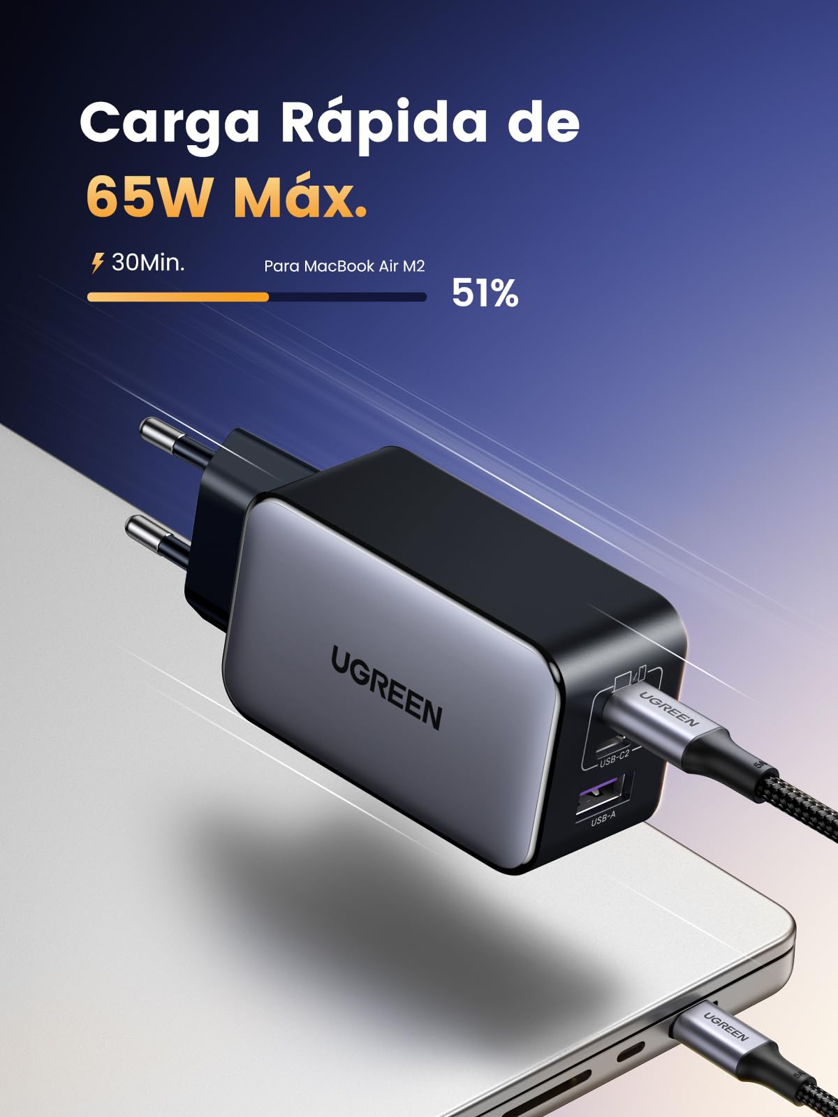 UGREEN Nexode Cargador USB C 65W con 3 Puertos