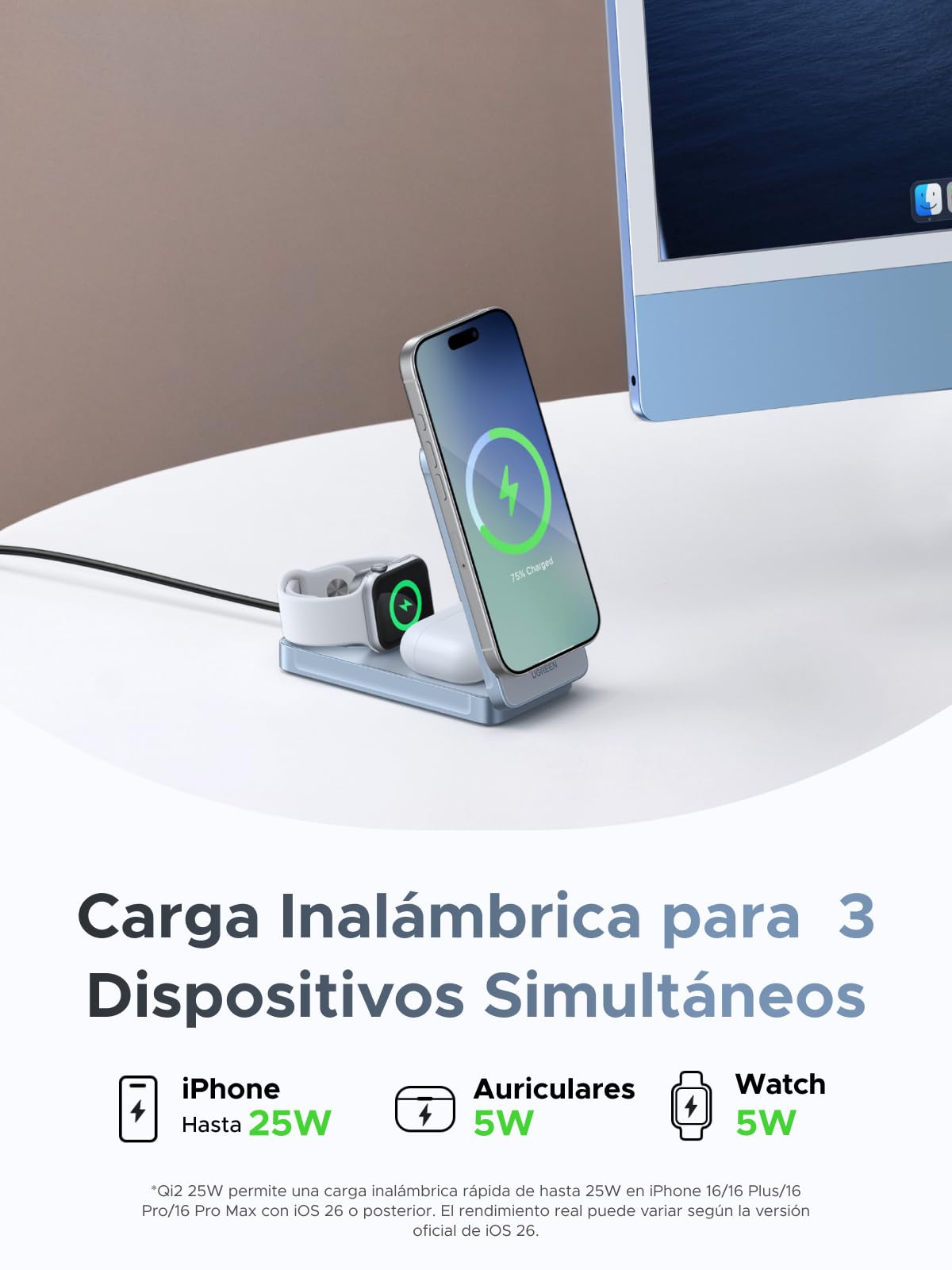 UGREEN MagFlow Qi2 25W Cargador Inalámbrico 3 en 1
