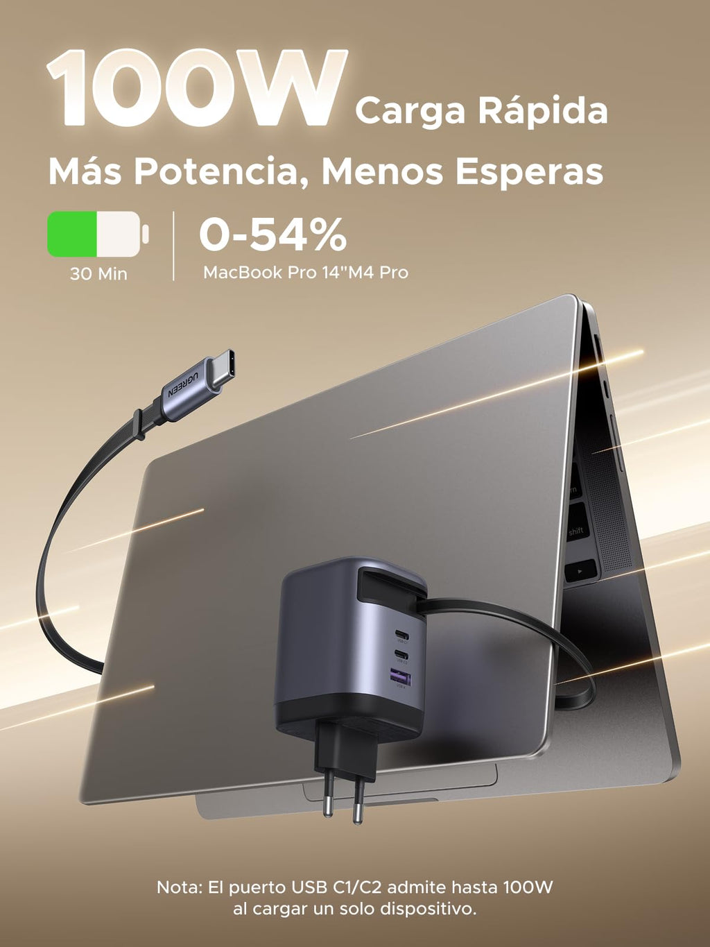 UGREEN Nexode Cargador USB C GaN con Cable Retráctil 100W