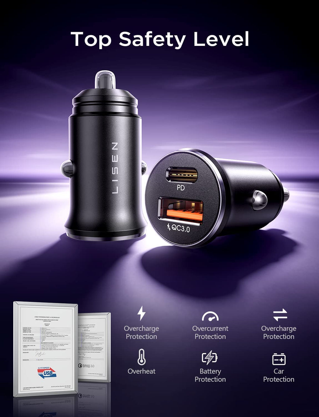 Lisen 2-Pack USB C Car Charger