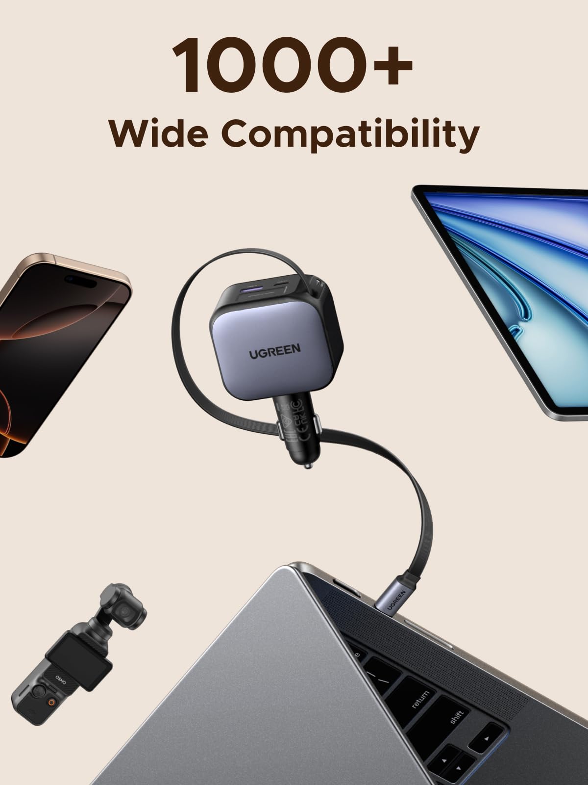 UGREEN Nexode Car Charger 145W with Retractable USB-C Cable