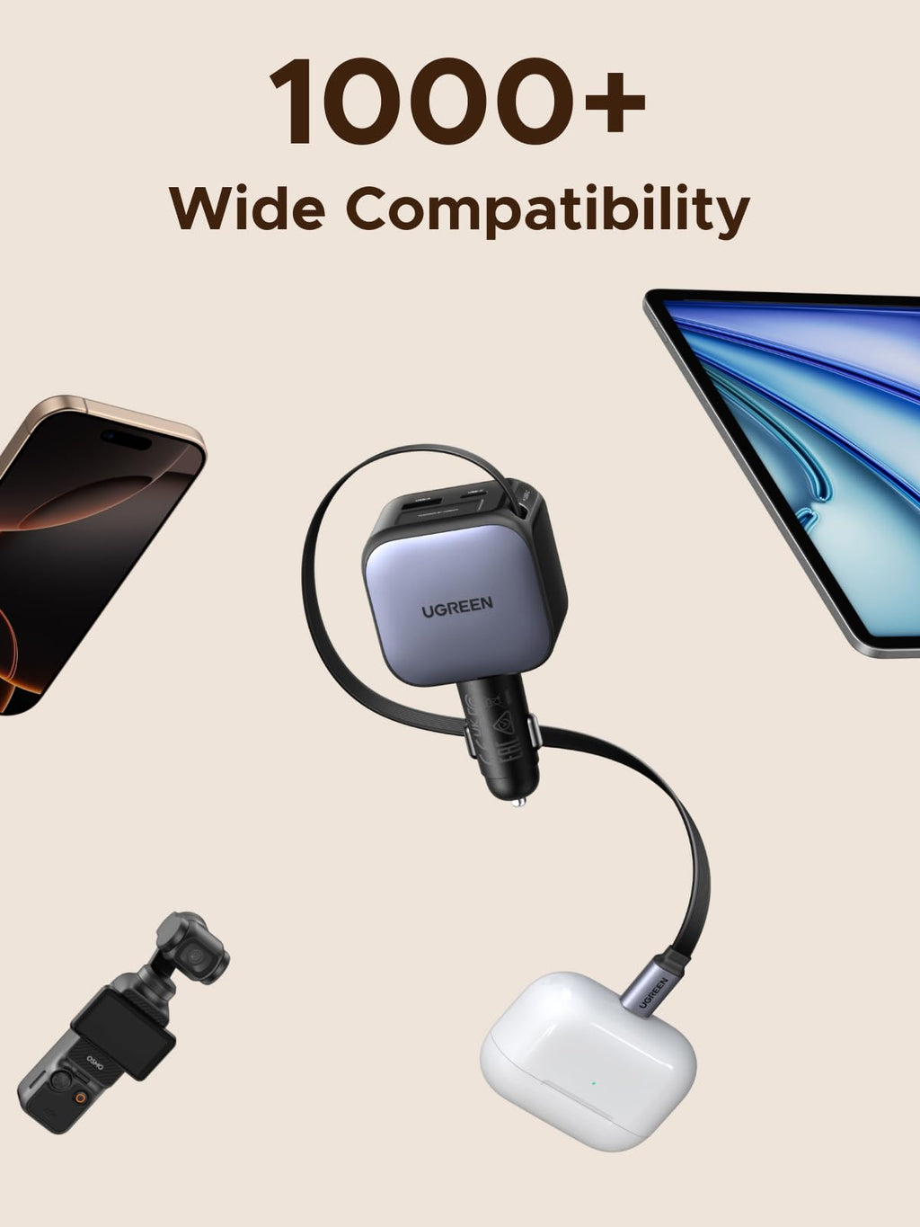UGREEN Nexode Sạc Ô Tô 60W kèm Cáp USB-C Thu Gọn