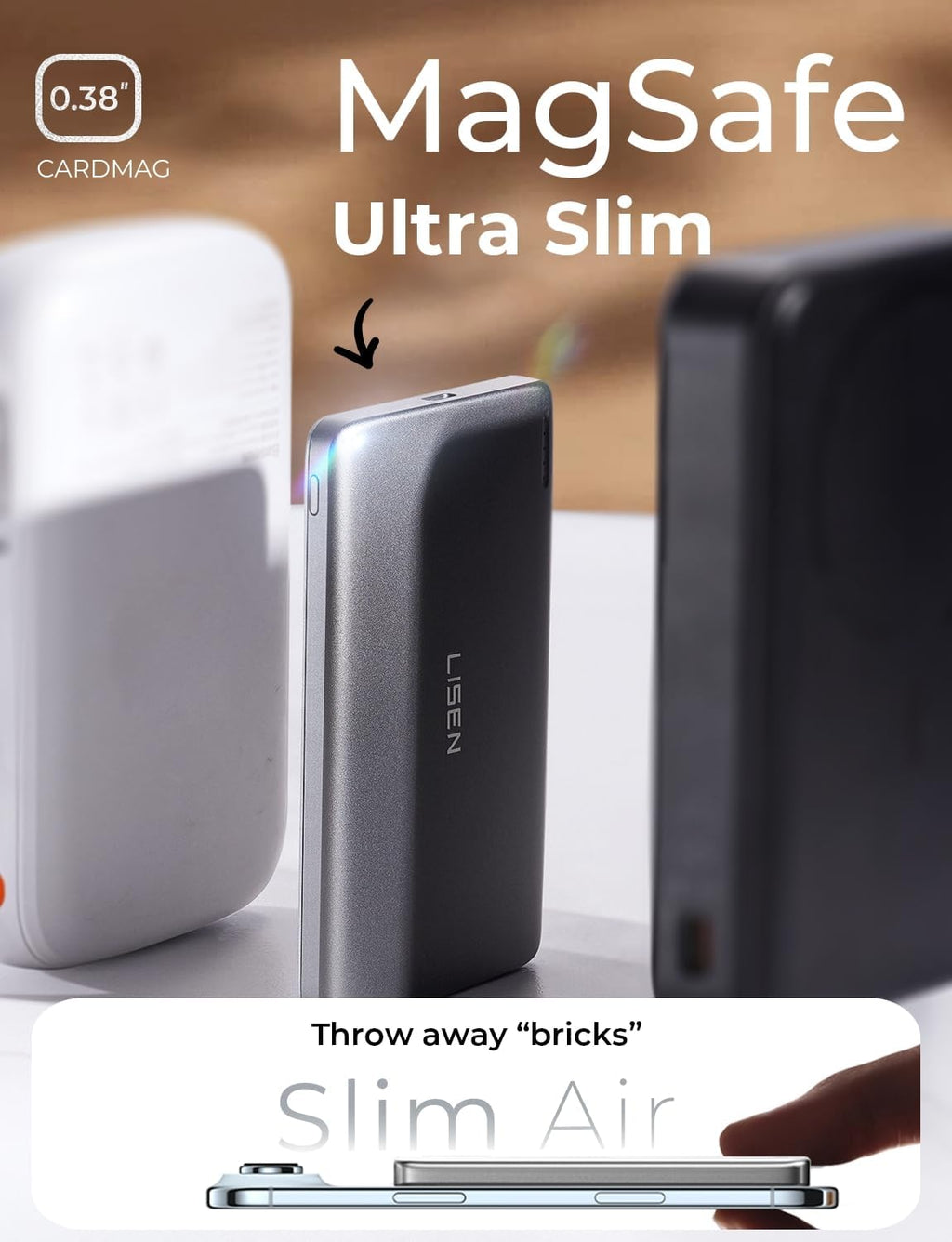 LISEN 5000mAh Power Bank Inalámbrico 15W, 7.6mm USB C Cargador Portátil Magnético Carga Rápida