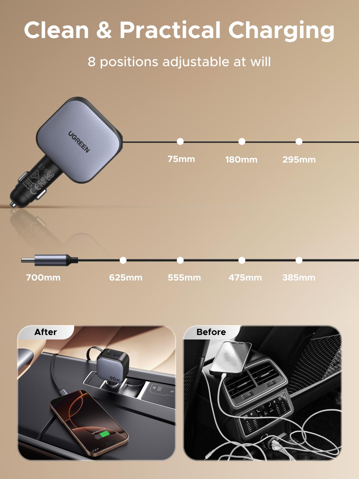 UGREEN Nexode Sạc Ô Tô 90W kèm Cáp USB-C Thu Gọn