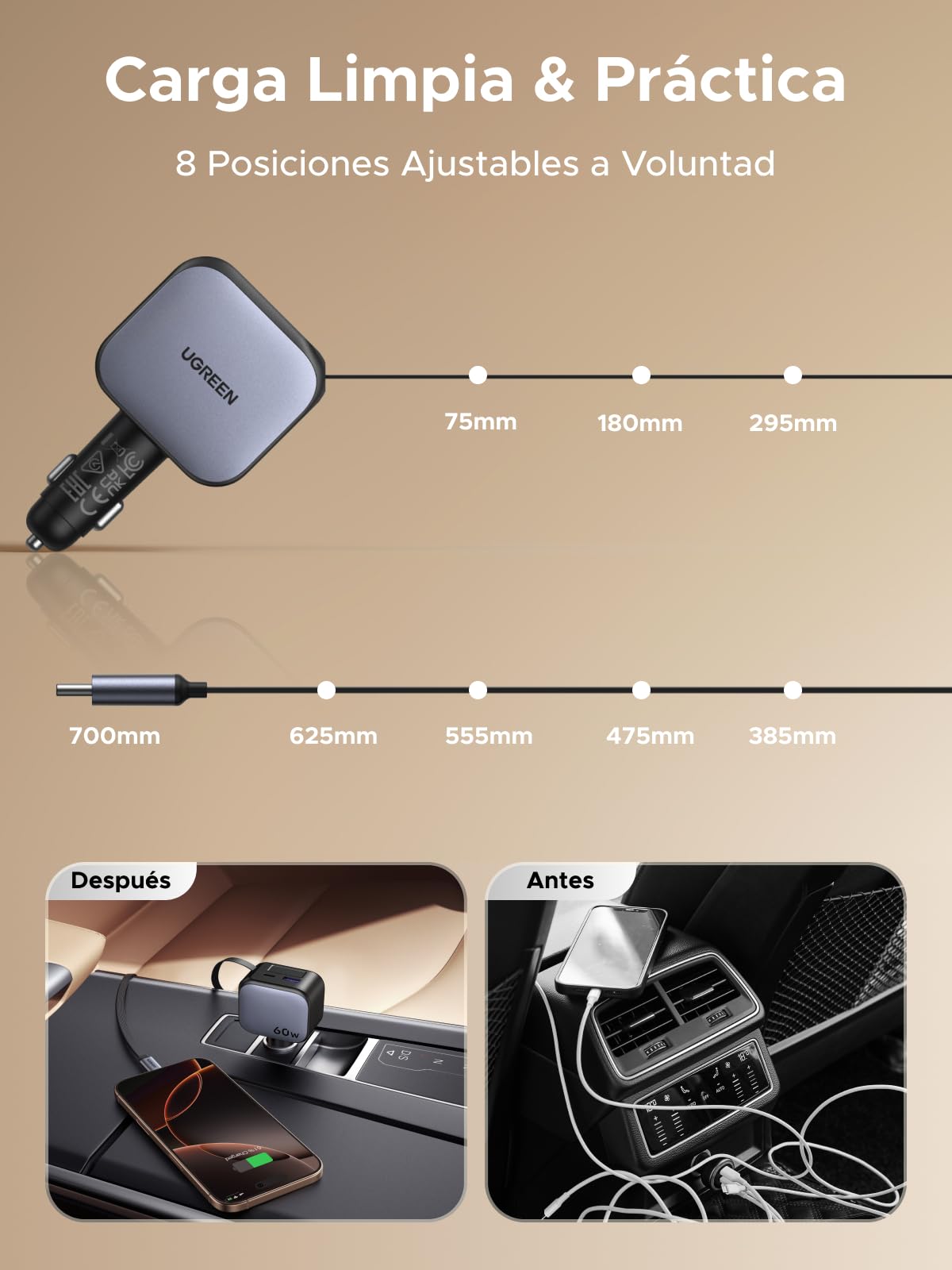 UGREEN 60W Cargador Coche Retráctil Carga Rápida con Cable Retractil