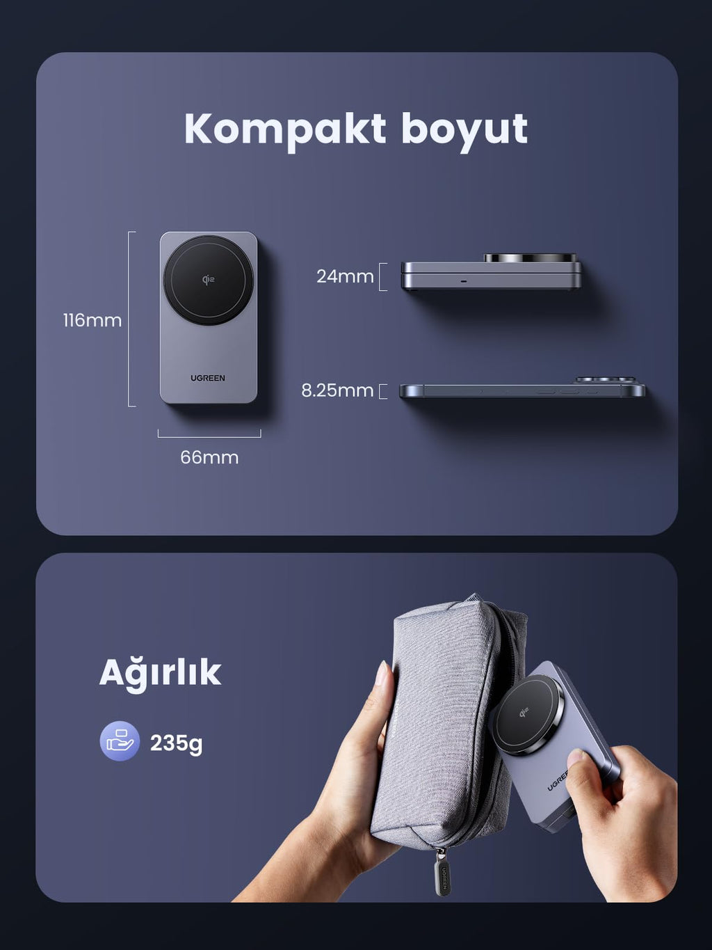 UGREEN 2’si 1 Arada Manyetik Kablosuz Şarj Cihazı Qi2 20W (Katlanabilir Fişli)