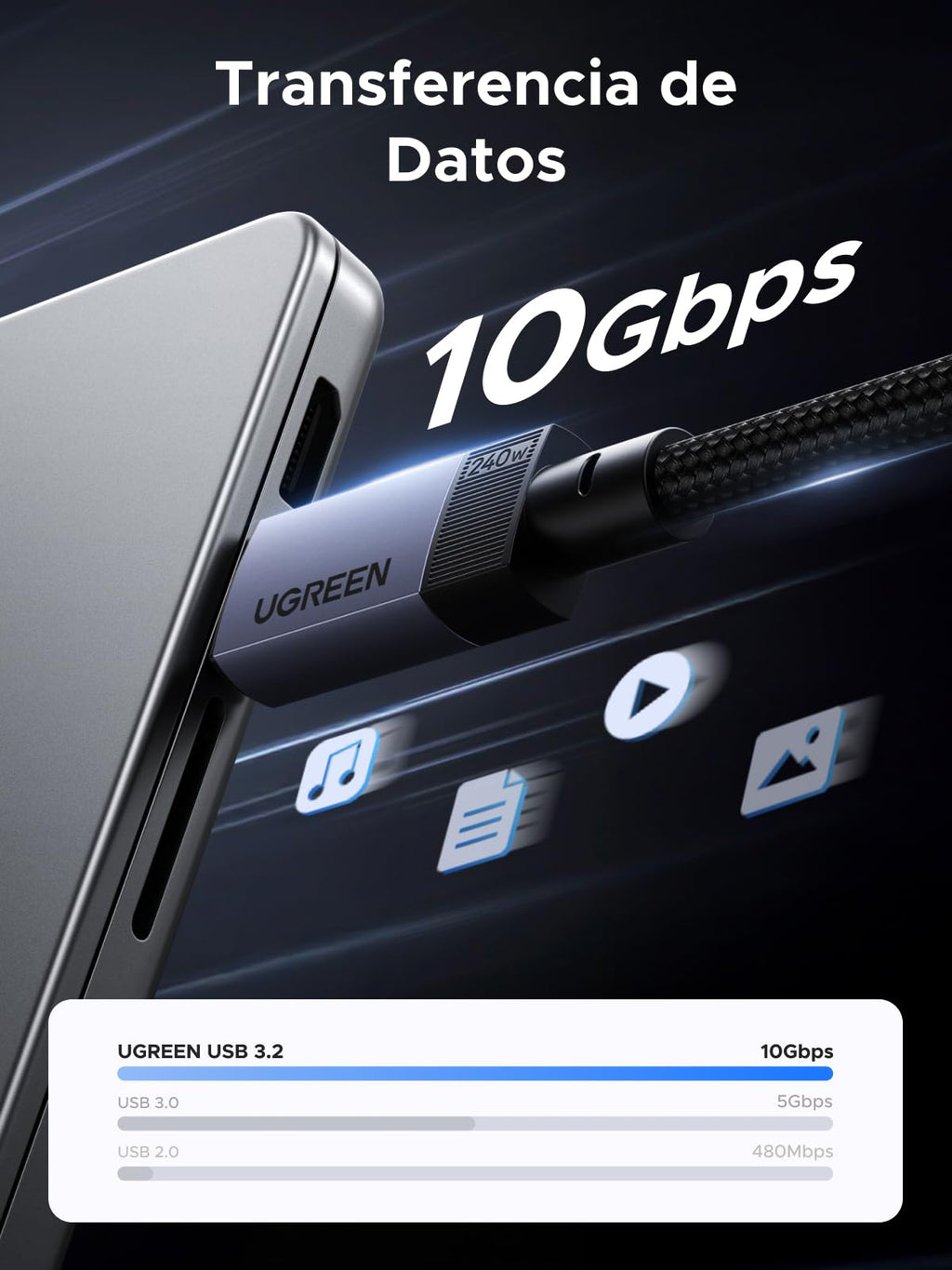 UGREEN Cable USB Type C Vídeo 4K@60Hz, USB 3.2 10Gbps,240W