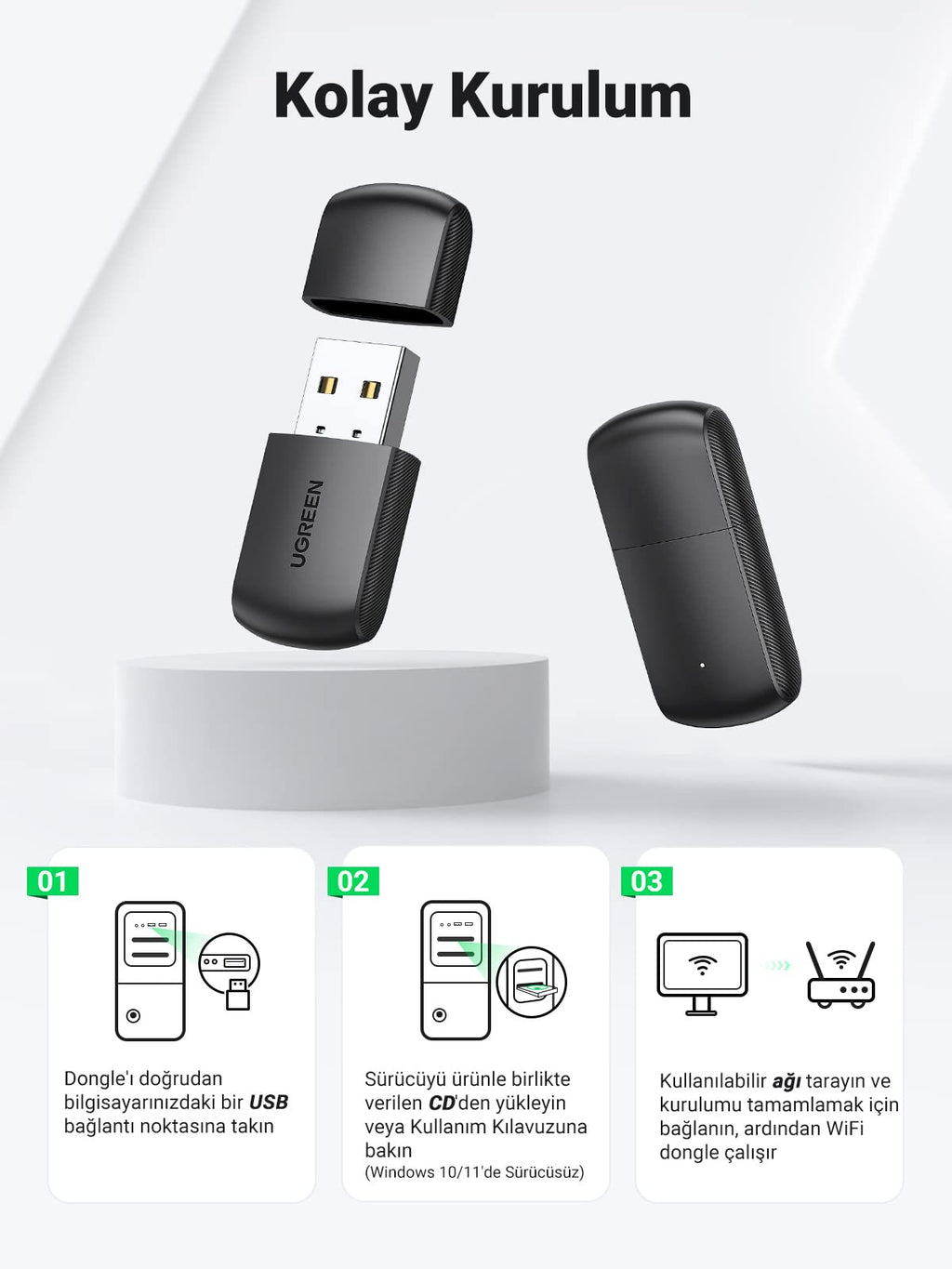 UGREEN 2.4GHz ve 5GHz Çift Bant USB Wi-Fi Adaptörü