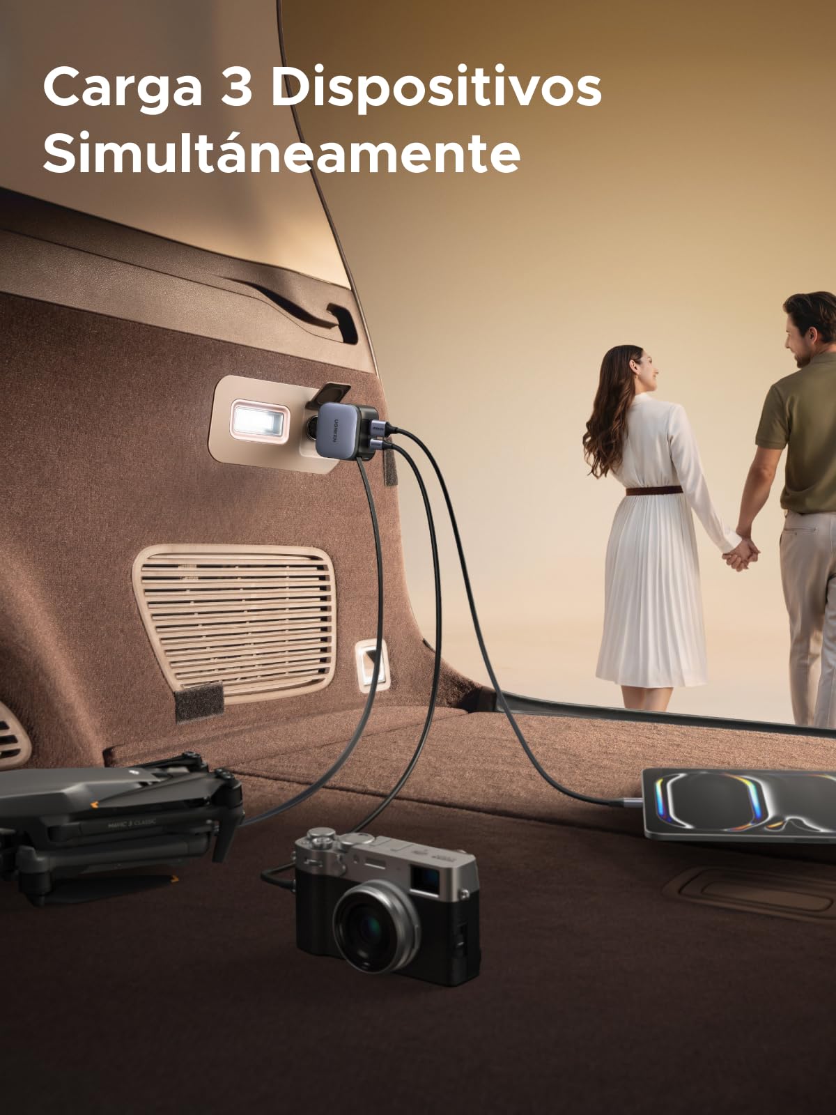 UGREEN 60W Cargador Coche Retráctil Carga Rápida con Cable Retractil
