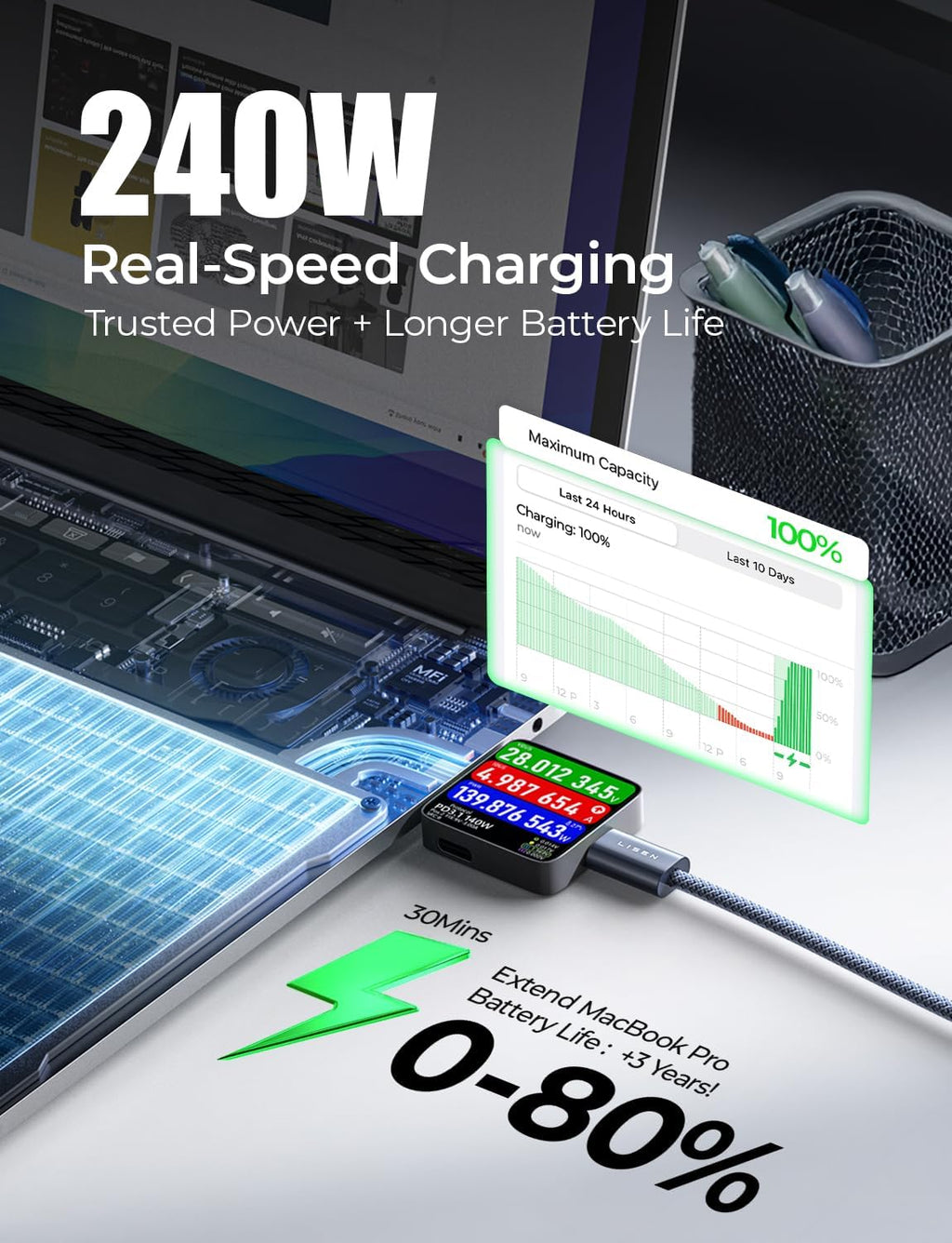 LISEN 2 Pack 240W USB C to USB C Cable 3M Charger Cable Black