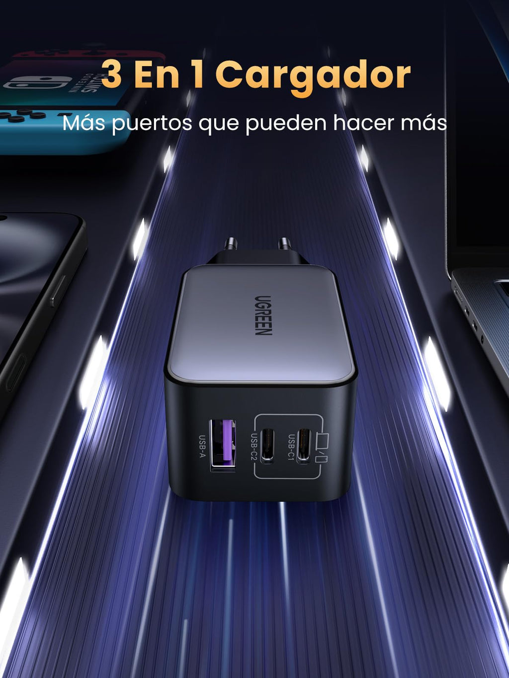 UGREEN Nexode Cargador USB C 65W con 3 Puertos
