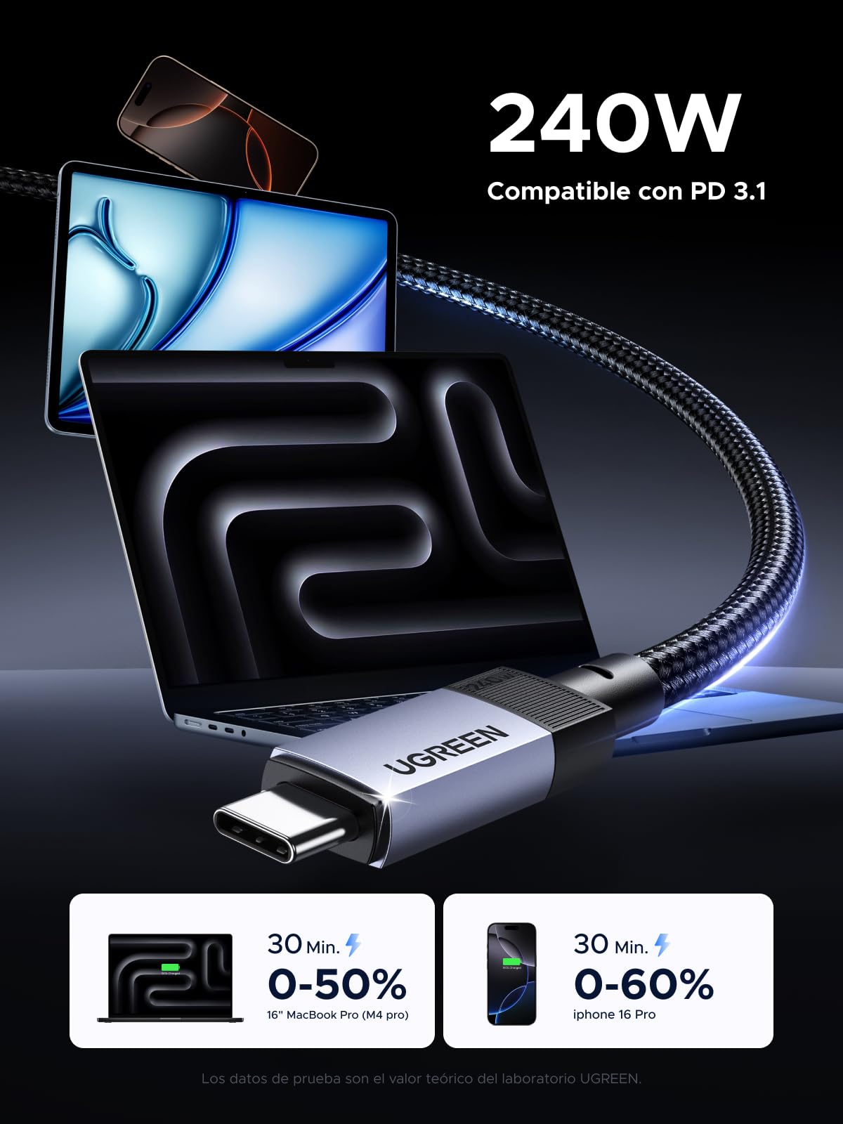 UGREEN Cable USB Type C Vídeo 4K@60Hz, USB 3.2 10Gbps,240W