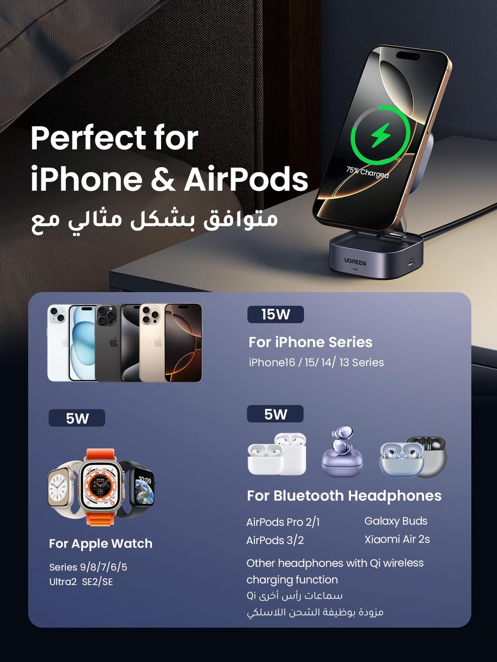 UGREEN شاحن لاسلكي مغناطيسي 2 في 1 Qi2 بقدرة 15 واط