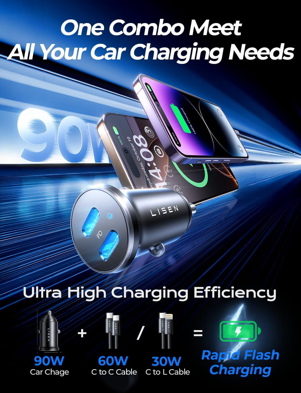 LISEN 90W USB C Car Charger Fast Charging for iPhone 17