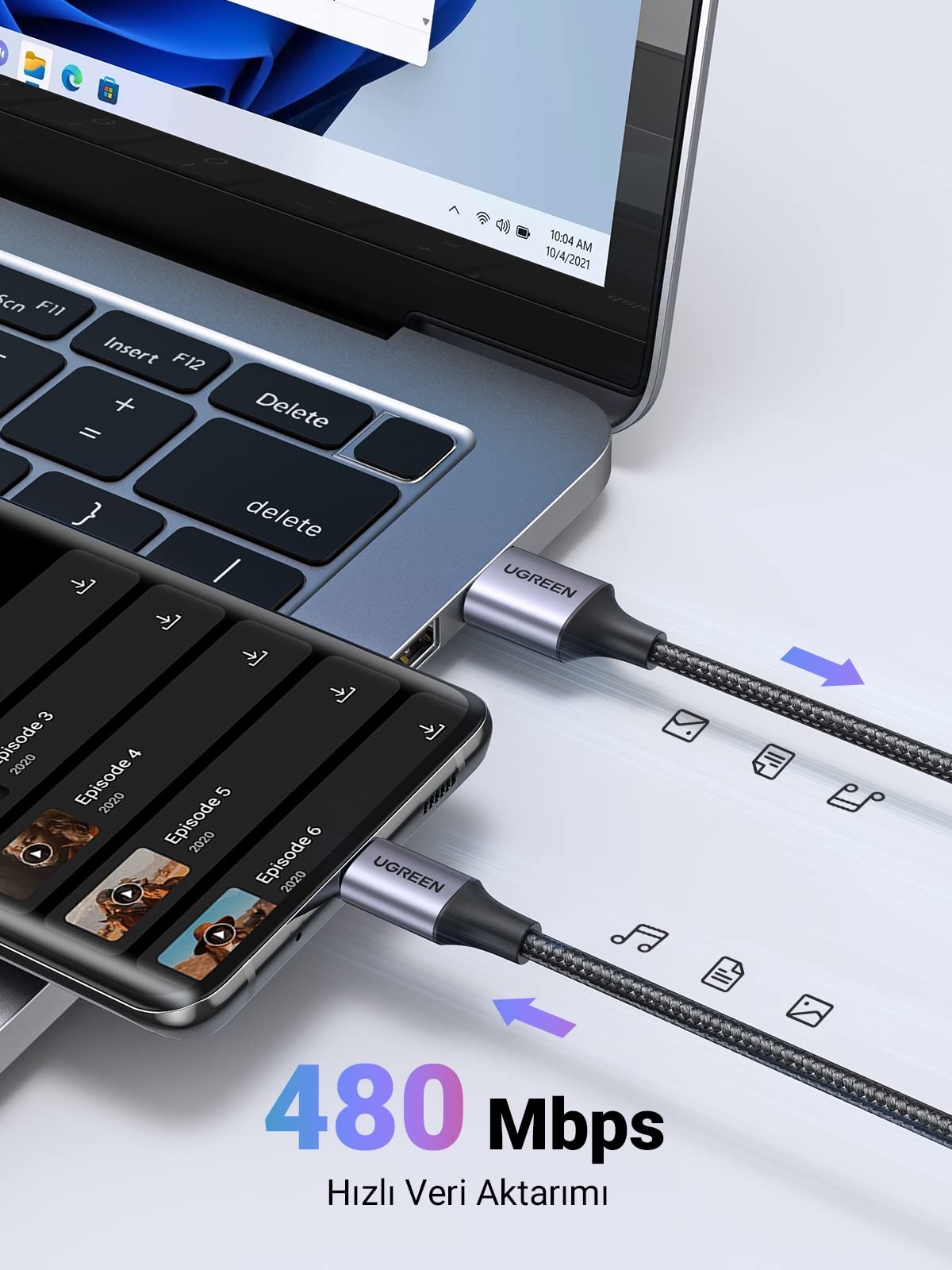 UGREEN USB-A 2.0’dan USB-C’ye Kablo (Nikel Kaplama, Örgü)