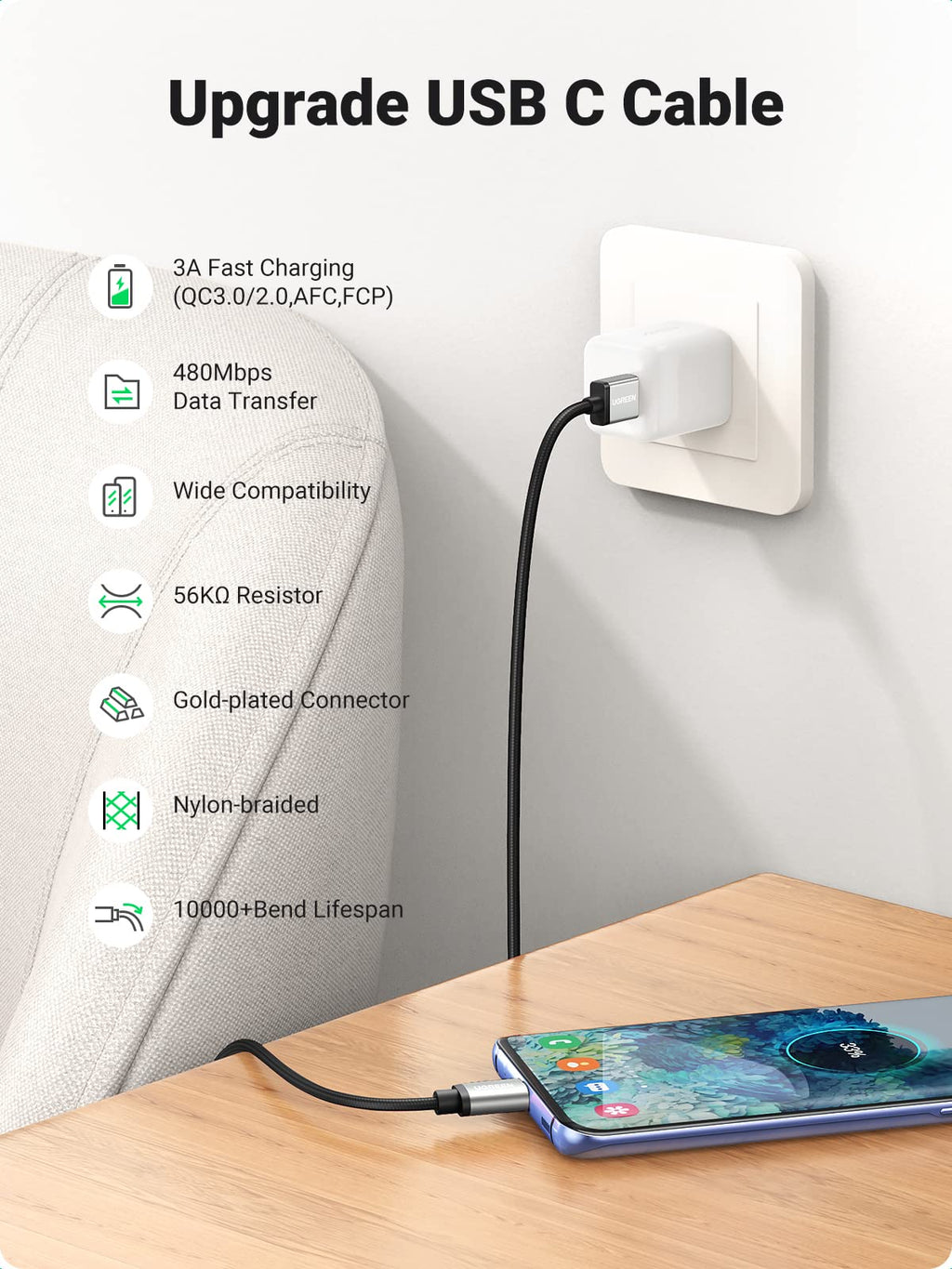UGREEN USB A to USB C Fast Charging Nylon Braided Cable (18W, 480Mbps)