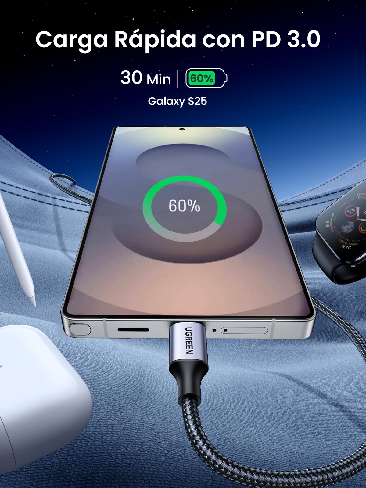 UGREEN Cable USB C 60W PD 3.0, Tipo C Carga Rápida