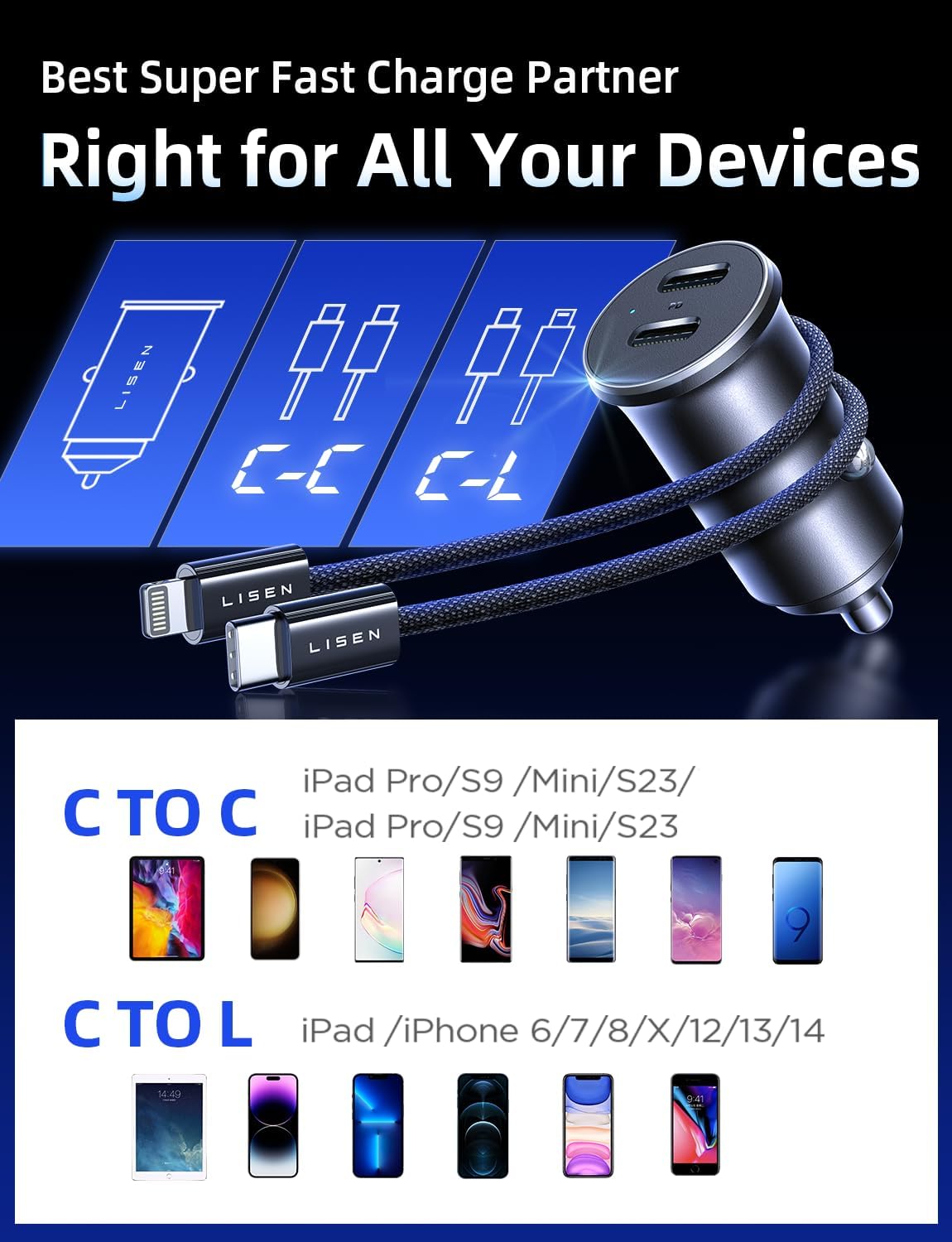 LISEN 90W USB C Car Charger Fast Charging for iPhone 17