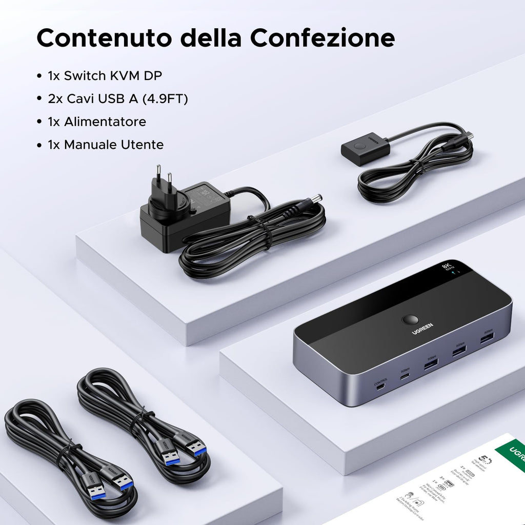 UGREEN Switch KVM DisplayPort 2 Ingressi 2 Uscite 8K 60Hz 4K 240Hz Doppio Schermo