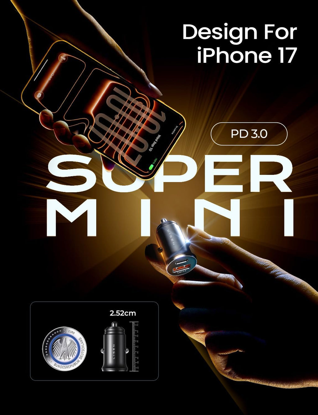 LISEN 69W Mini Cigarette Lighter Adapter Car Charger USB C