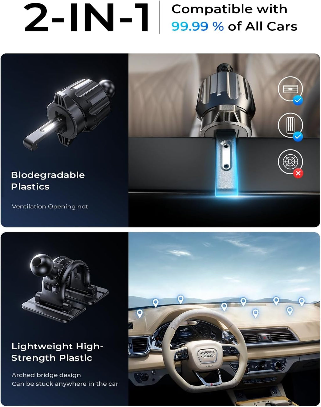 LISEN 15W MagSafe Car Charger (4-in-1 Mount, Strong Grip)