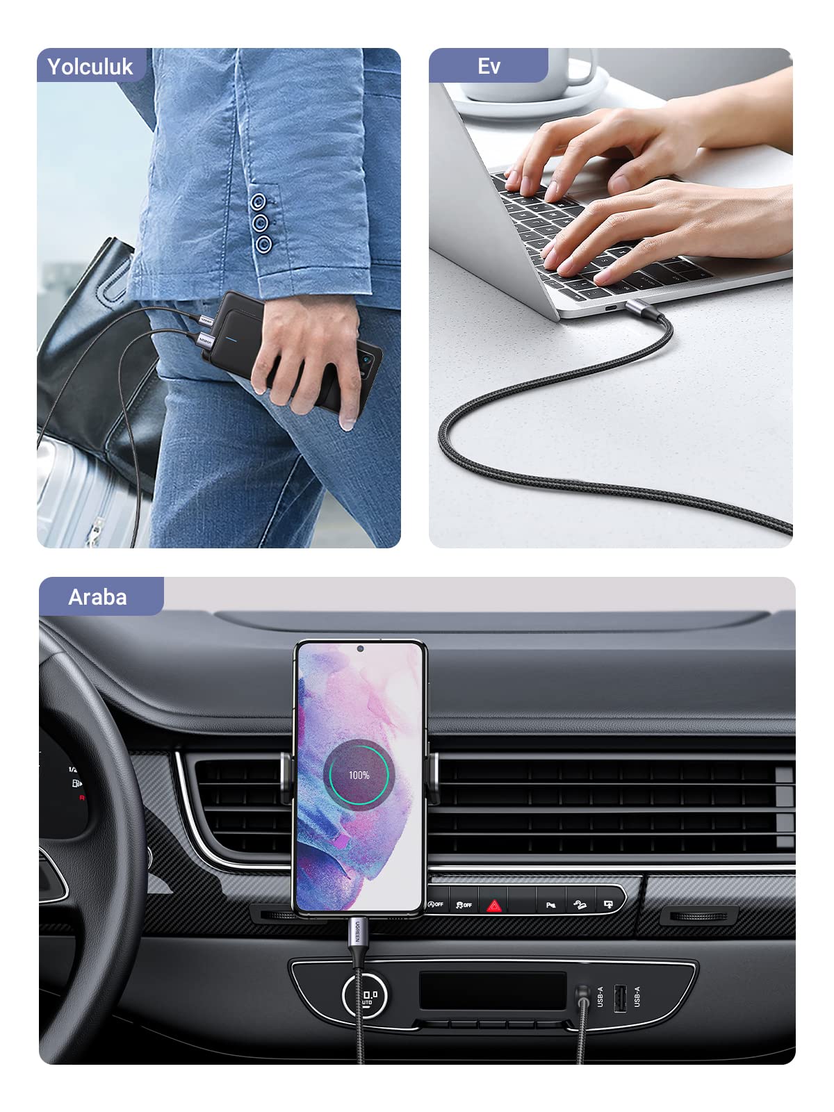UGREEN USB-A 2.0’dan USB-C’ye Kablo (Nikel Kaplama, Örgü)