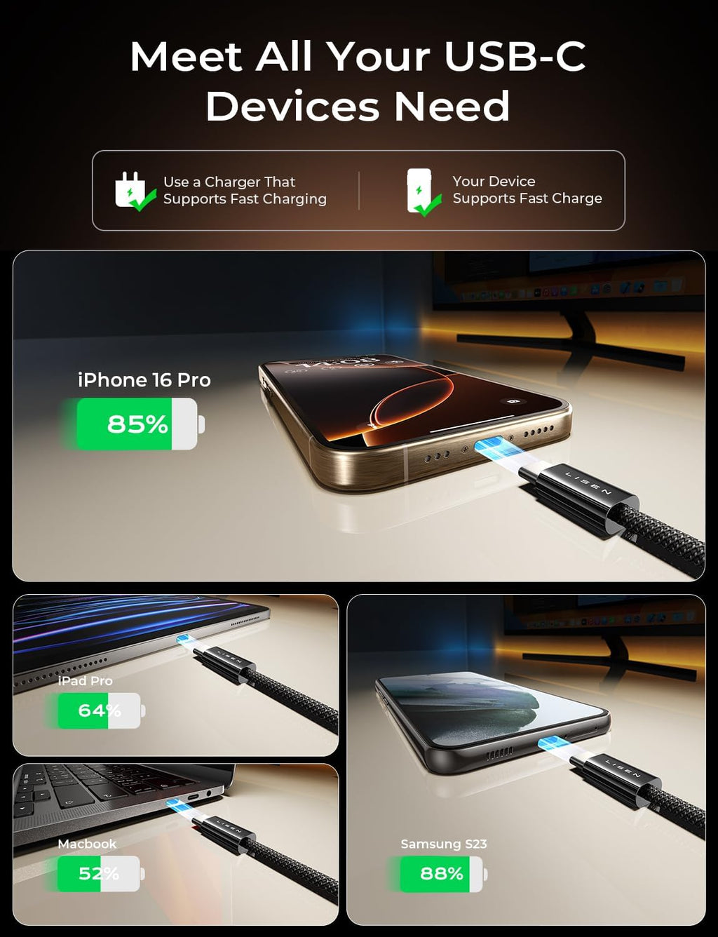LISEN USB C Cable, 5-Pack [3.3/3.3/6.6/6.6/10FT]
