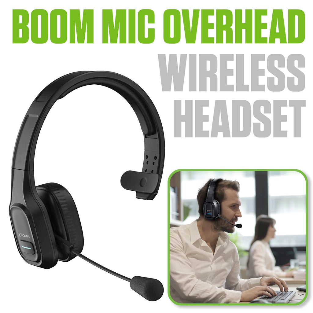 EBBOOMM100 - Cellet Overhead Boom Mic Wireless Headset with Noise Cancelling, Echo Reduction, USB-C Charging, 34H Talk Time, 30ft Range – Adjustable Headband, All-Day Comfort, Wired & Wireless Modes