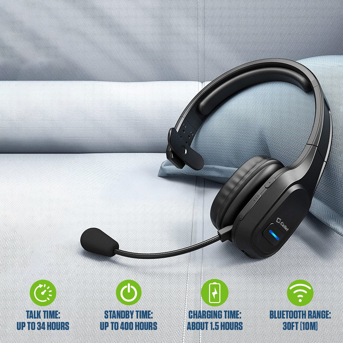 EBBOOMM100 - Cellet Overhead Boom Mic Wireless Headset with Noise Cancelling, Echo Reduction, USB-C Charging, 34H Talk Time, 30ft Range – Adjustable Headband, All-Day Comfort, Wired & Wireless Modes