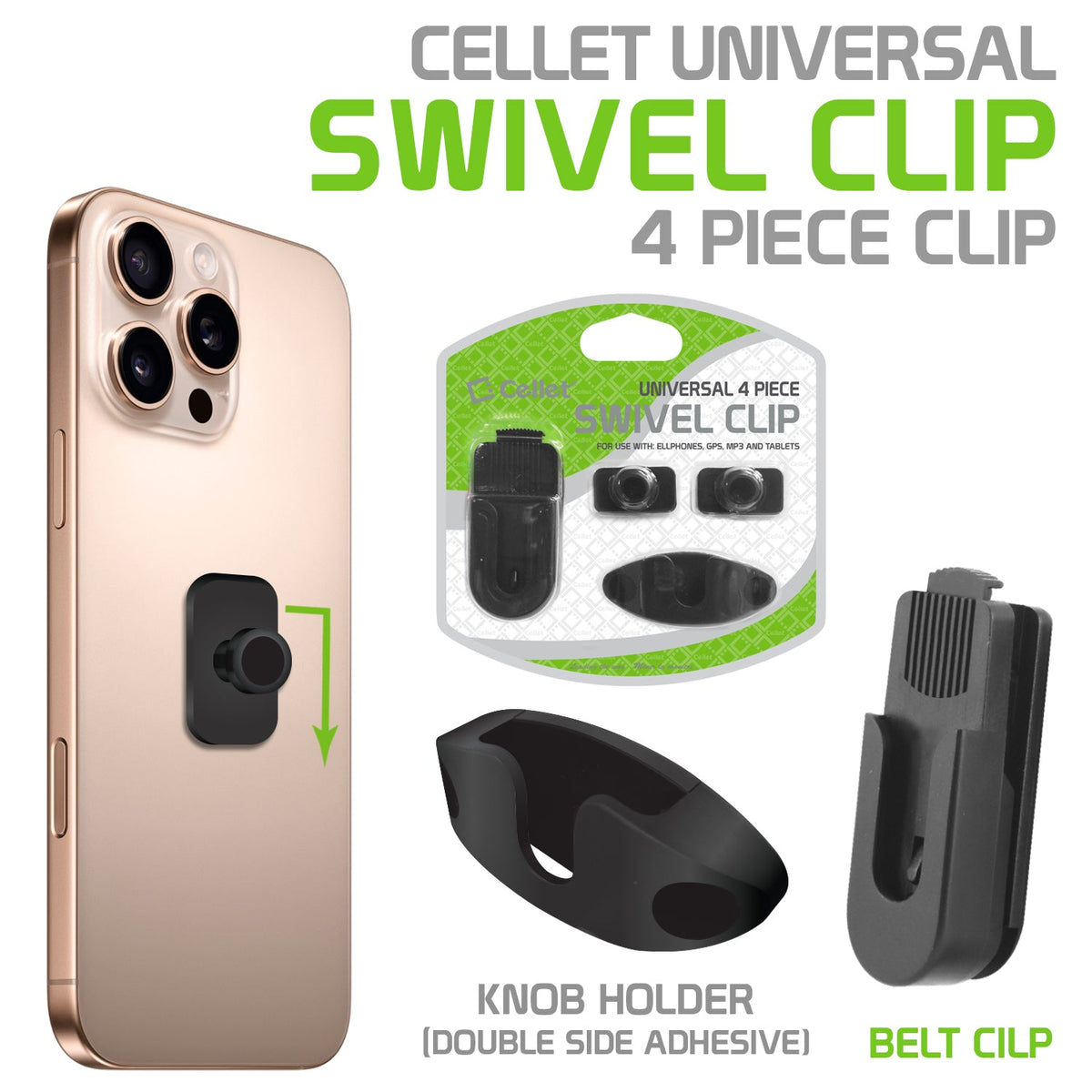 CLIP4BLACK - Cellet Universal Swivel Clip Set – 4-Piece Mount Kit for Phones, Walkie-Talkies & Remotes – 360° Rotation, Quick Release, Belt Clip & Double-Sided Adhesive Mount