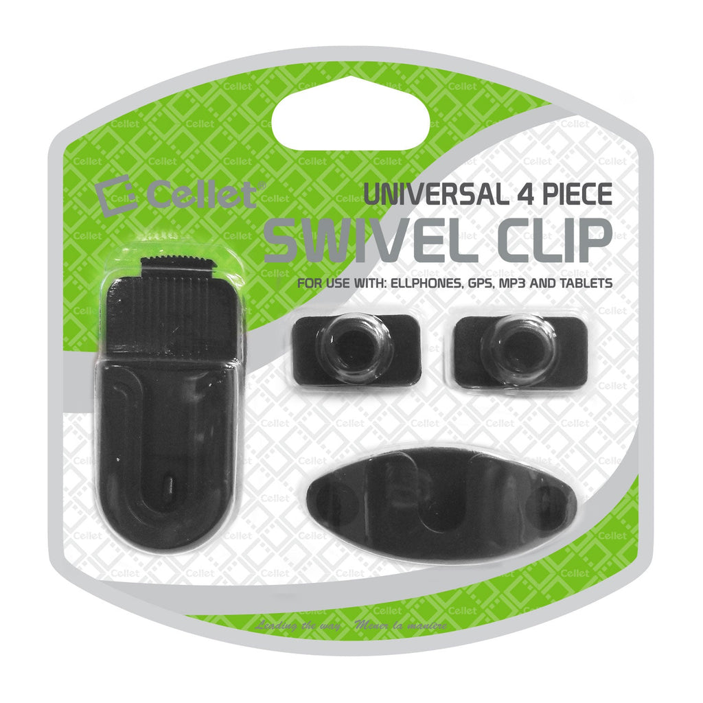 CLIP4BLACK - Cellet Universal Swivel Clip Set – 4-Piece Mount Kit for Phones, Walkie-Talkies & Remotes – 360° Rotation, Quick Release, Belt Clip & Double-Sided Adhesive Mount
