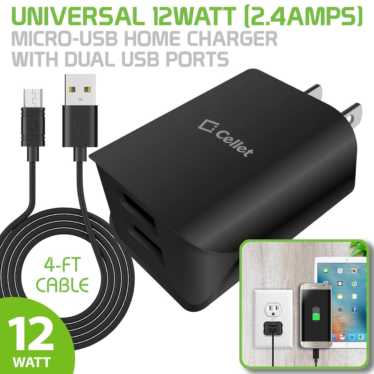 TCMICROH24 - Micro USB Home Charger, Universal 12Watt (2.4amps) Home Charger with Dual Ports and 4ft.(1.2m) Micro USB Cable