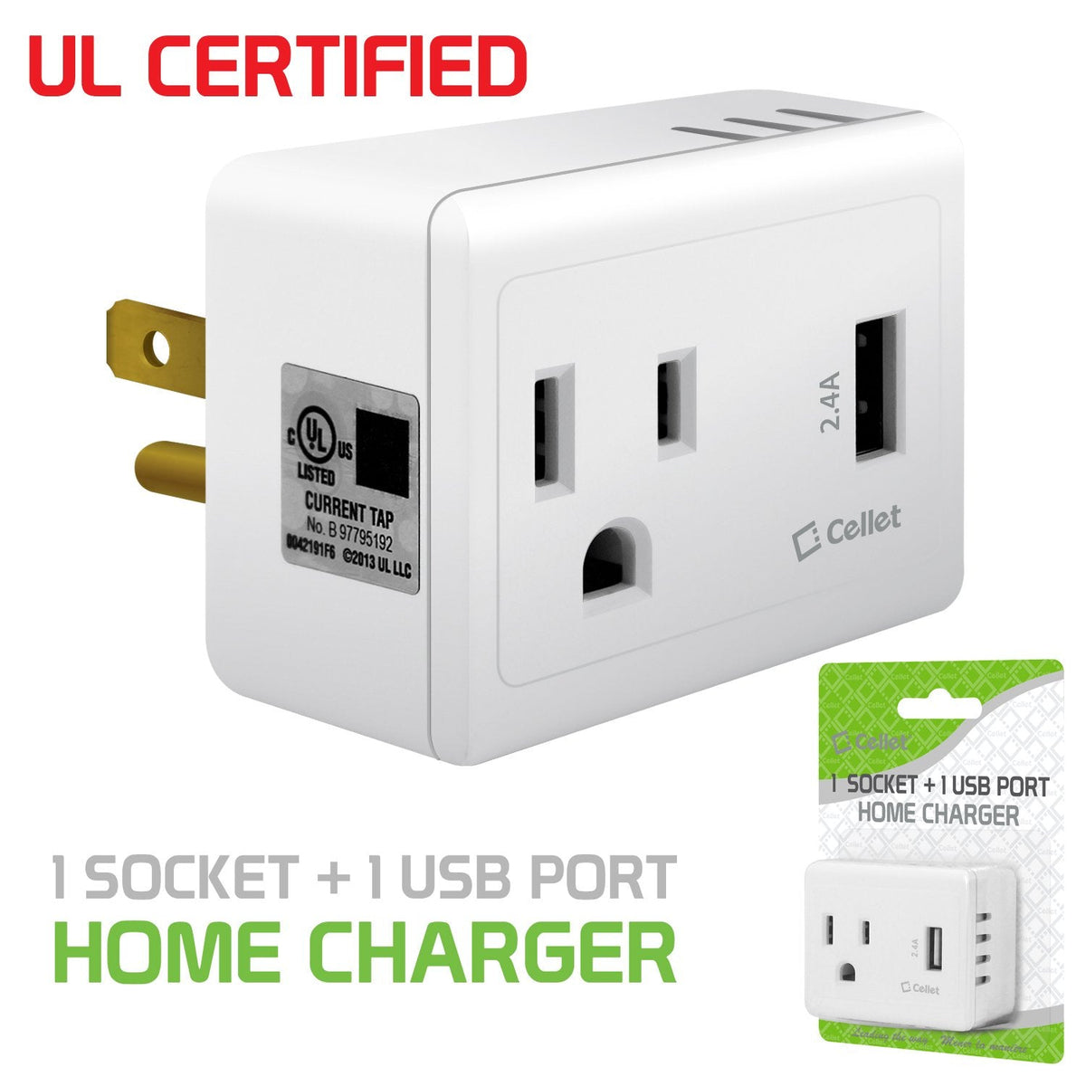 TP340 - Cellet UL Certified 1 Outlet + 12Watt (2.4Amp) USB Port Travel Charger