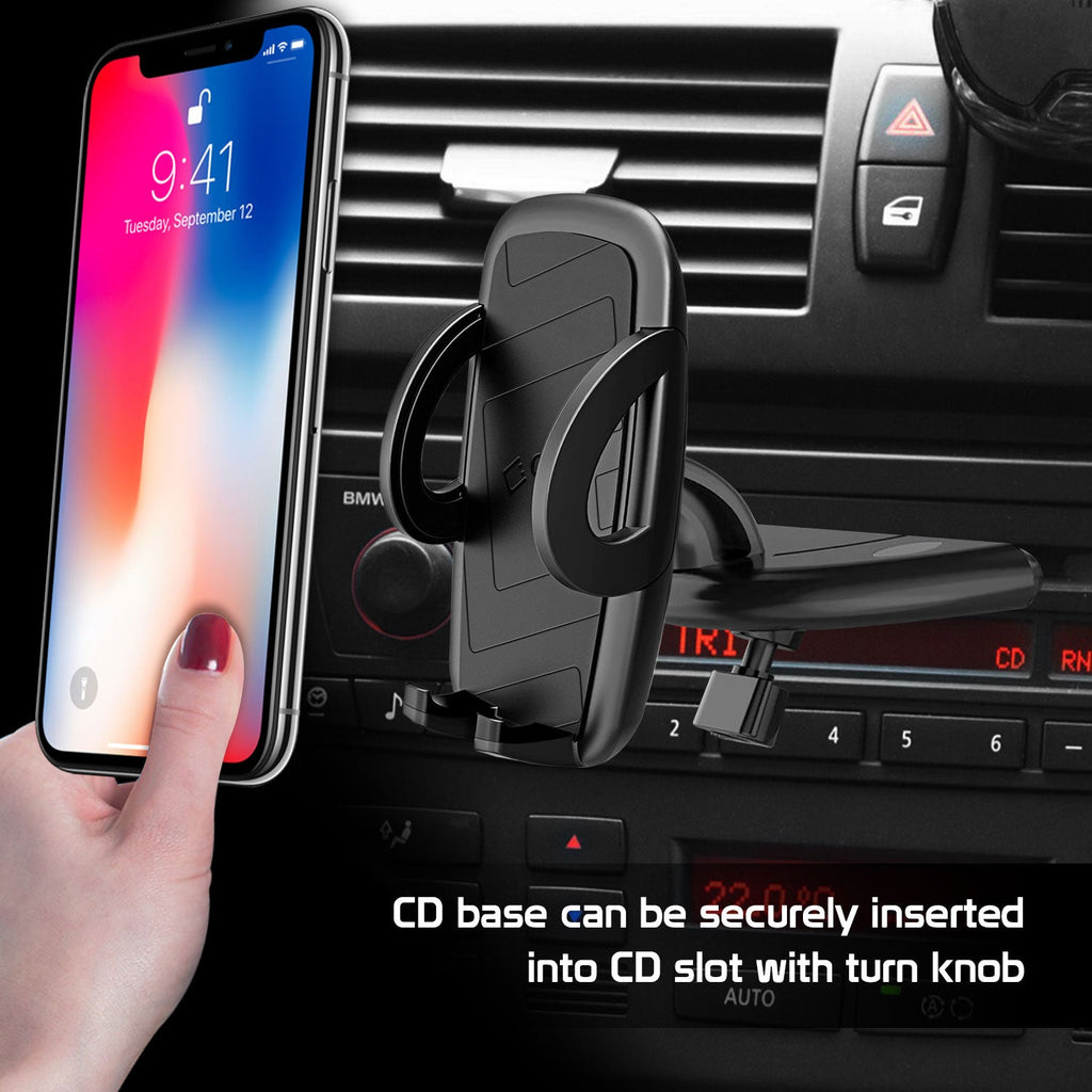 PHCN200CD - Cellet Universal CD Slot Car Phone Mount – 360° Rotating Holder with One-Touch Release, Anti-Slip Rubber Grip, Fits Smartphones Up to 3.5” Wide – Secure CD Base, Hands-Free GPS & Calling